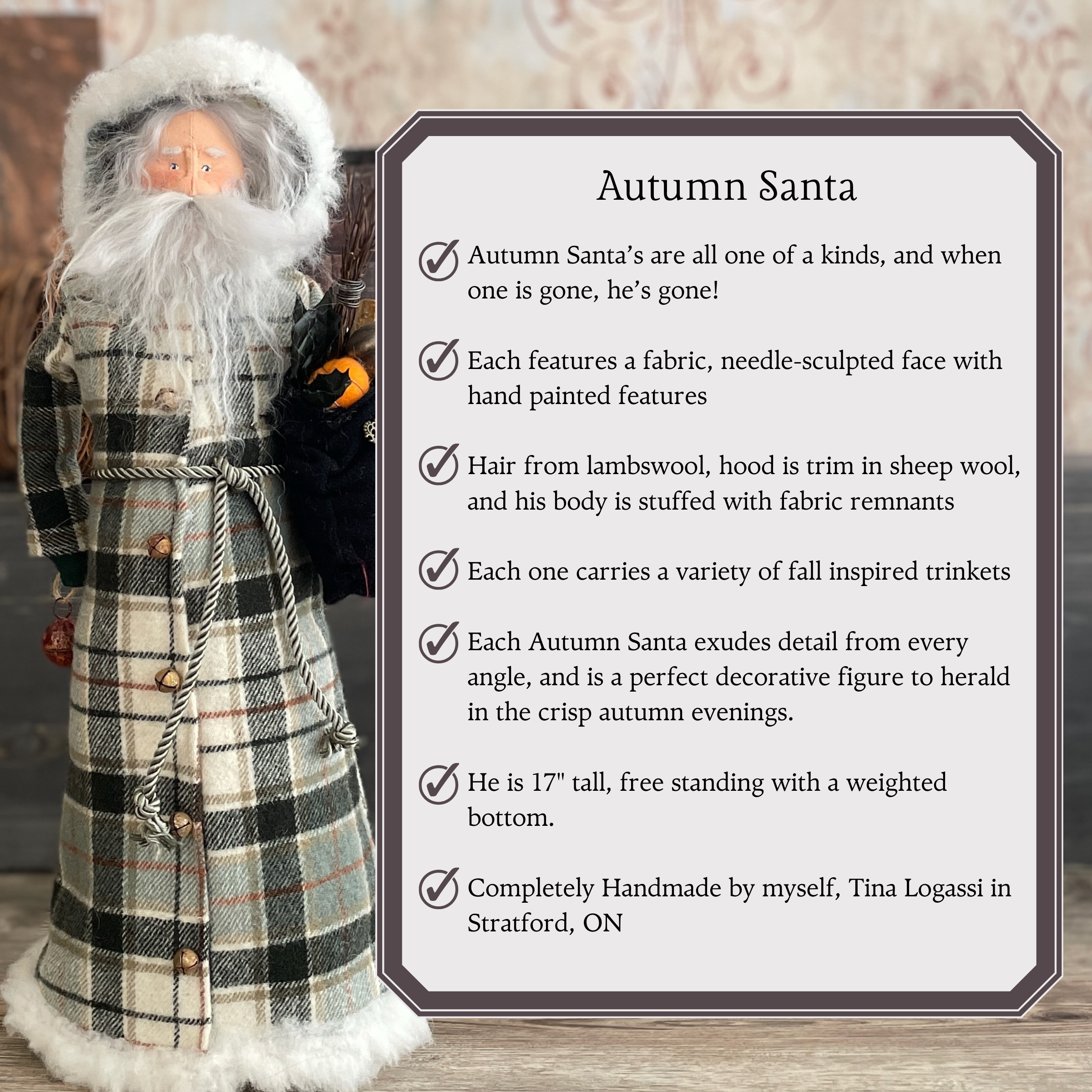 One of a Kind Handmade Autumn Inspired Santa Figure