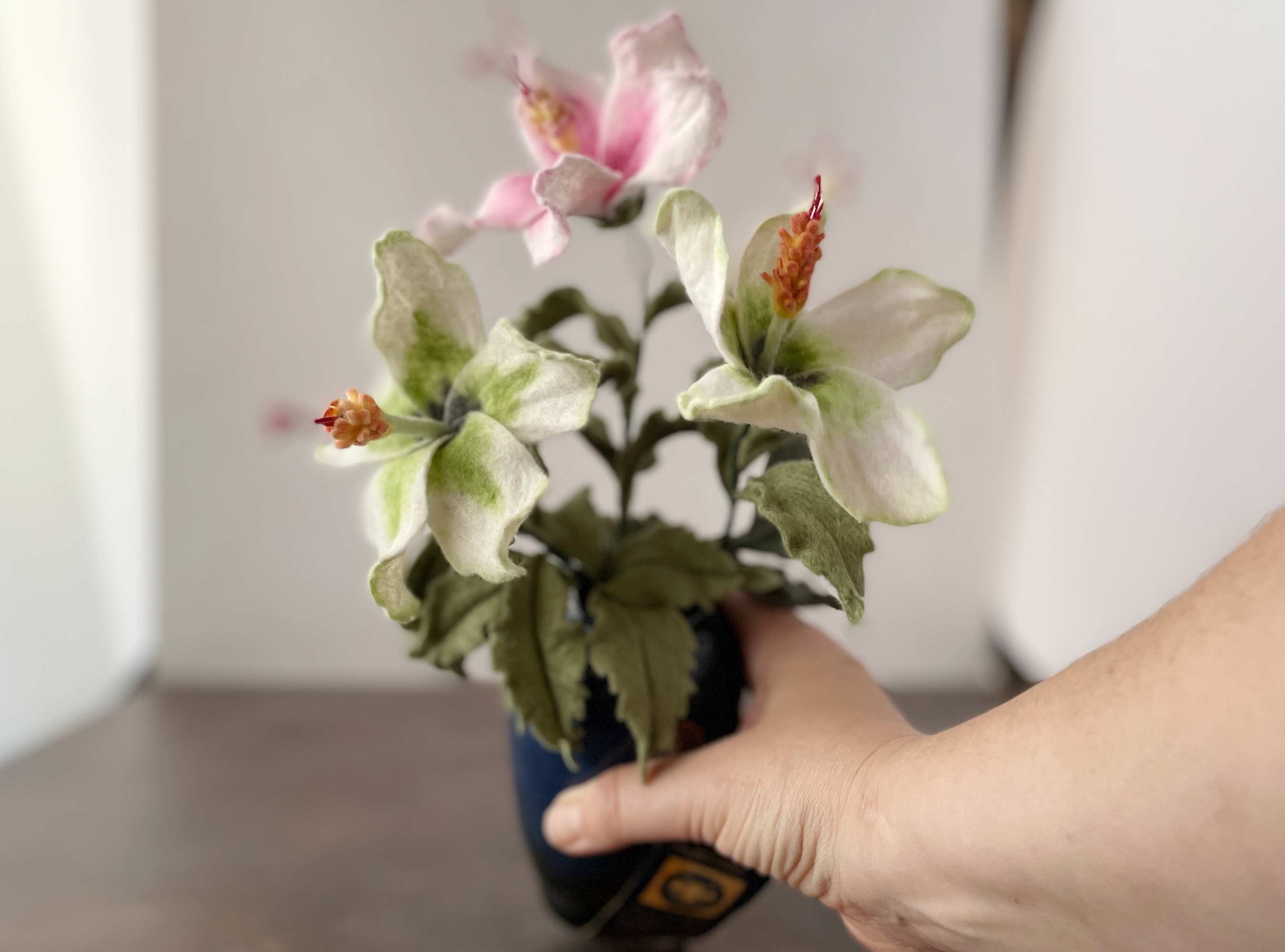 Handmade Hibiscus Blooms in a Vintage Blue Mountain Pottery Bud Vase