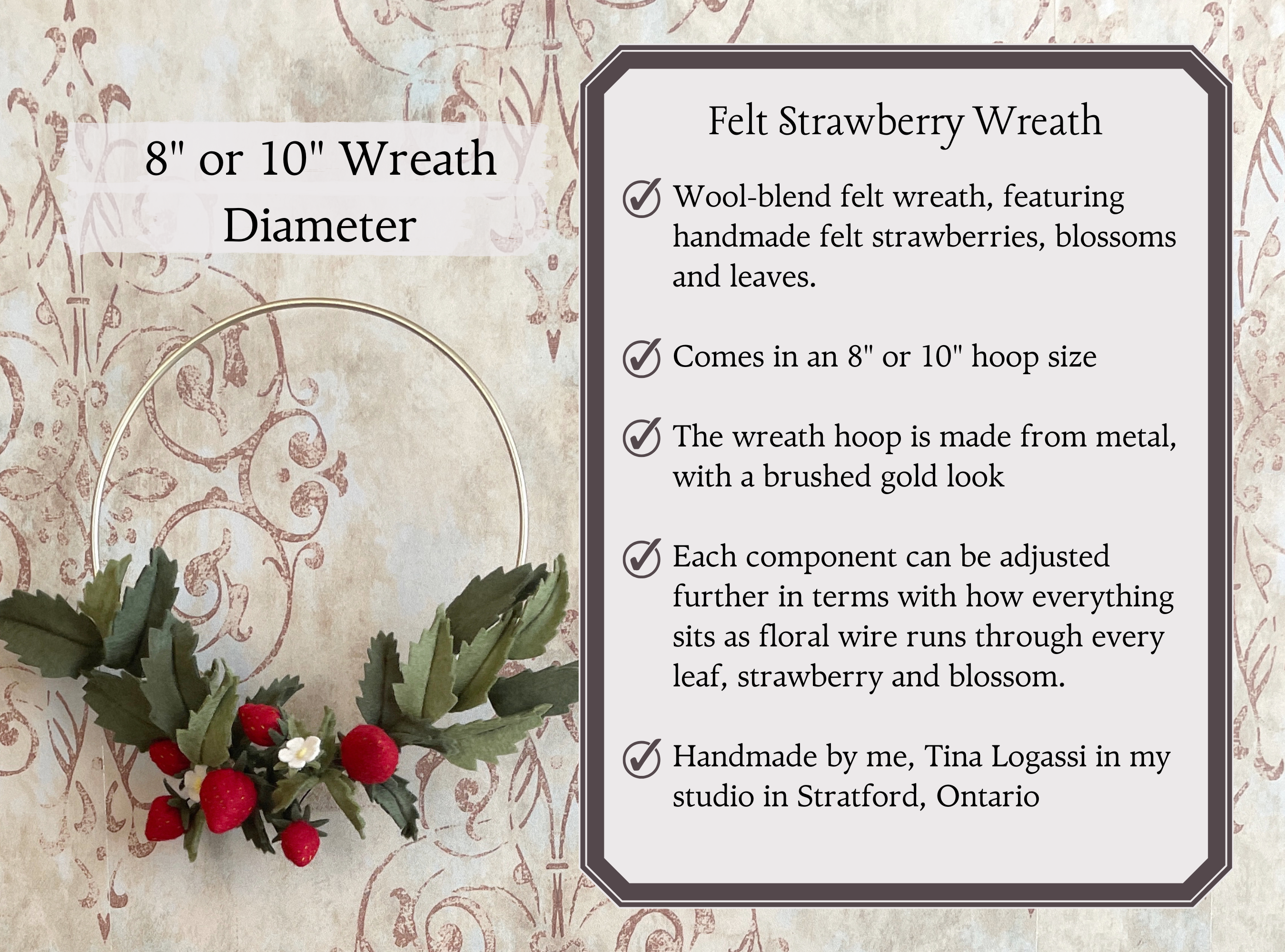 8" or 10" Handmade Felt Strawberry Wreath