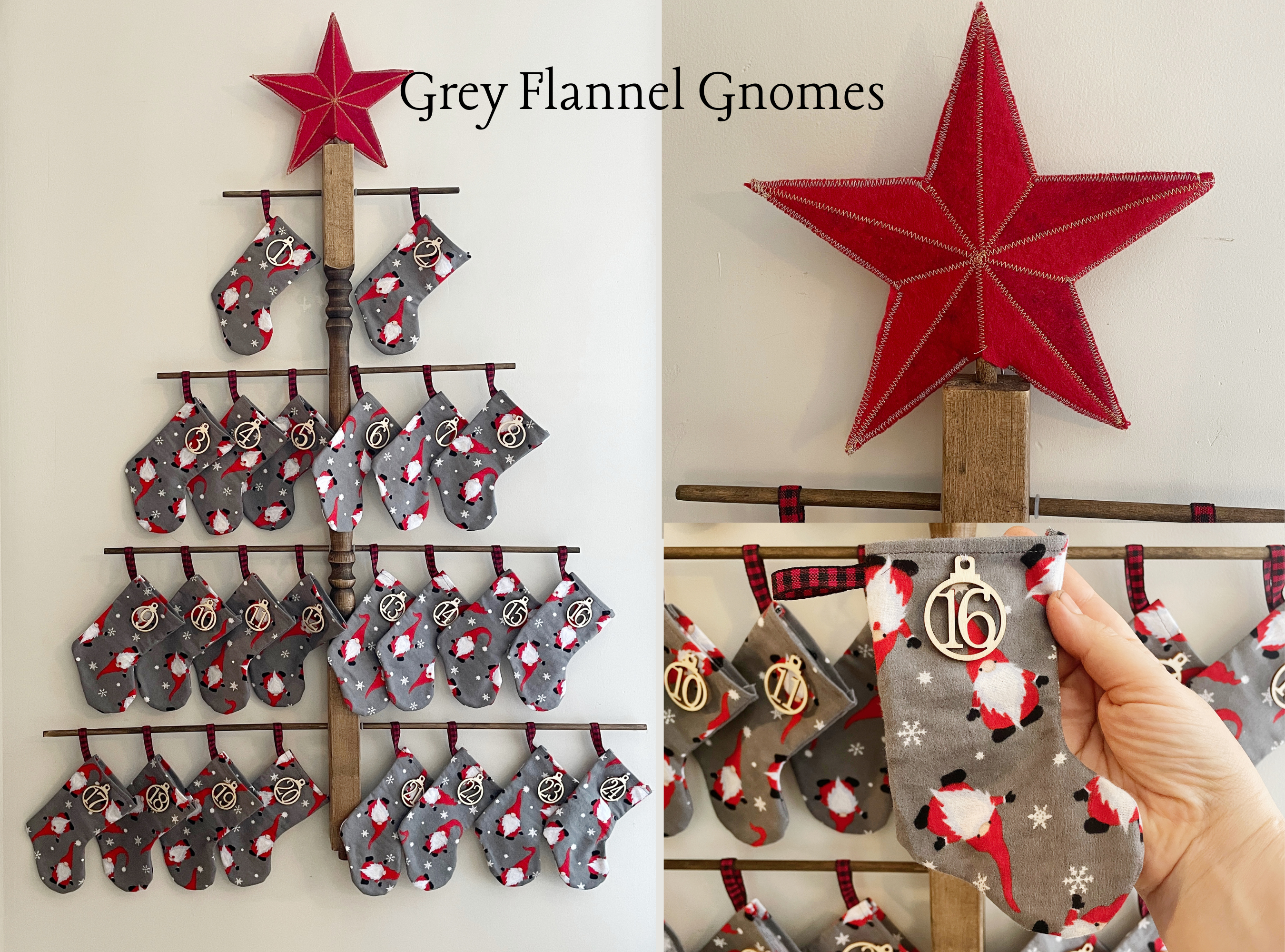 Handmade Mittens or Stockings Advent Calendar with Wooden Numbers and Wooden Spindle Tree for Display