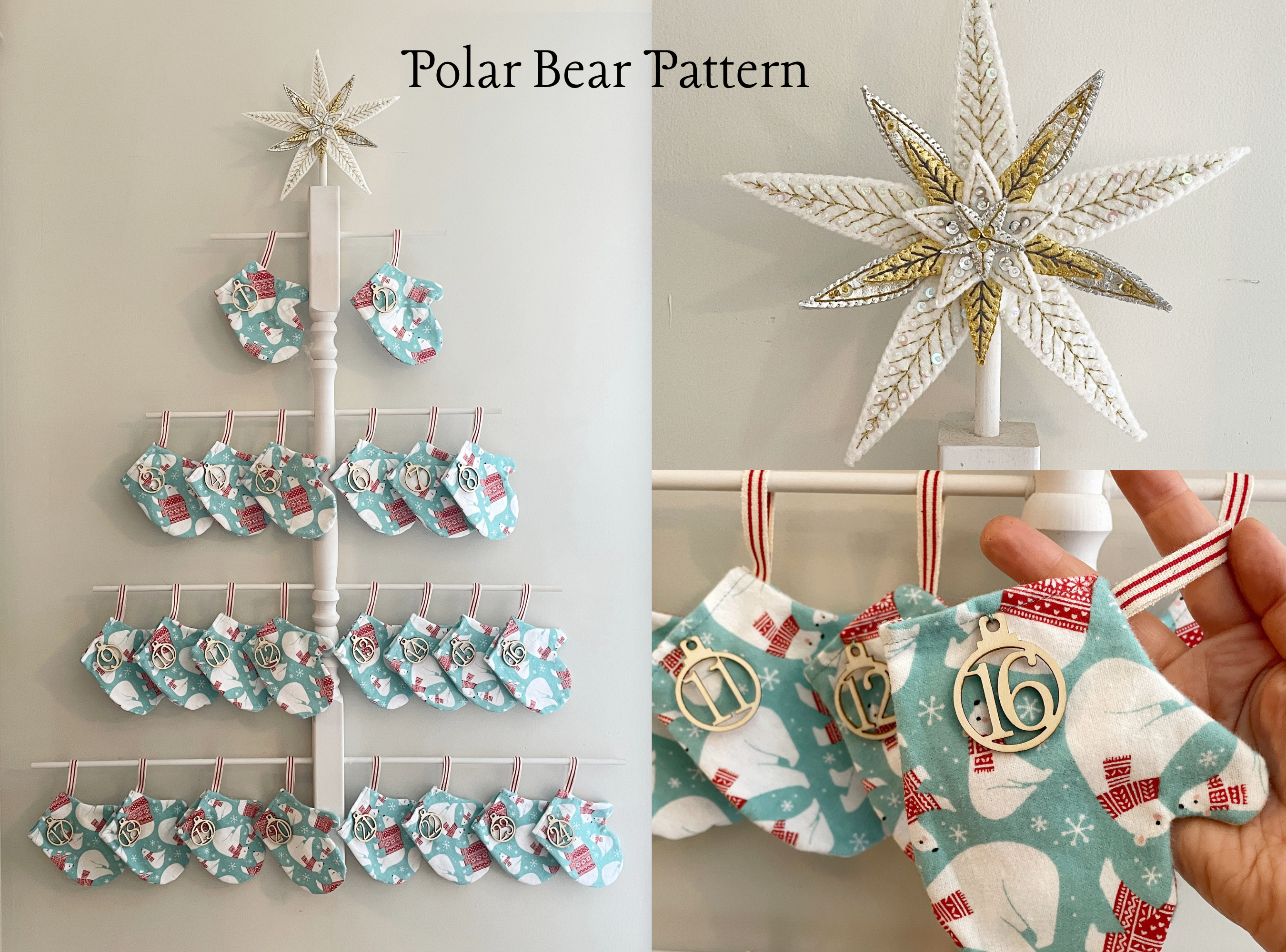 Handmade Mittens or Stockings Advent Calendar with Wooden Numbers and Wooden Spindle Tree for Display