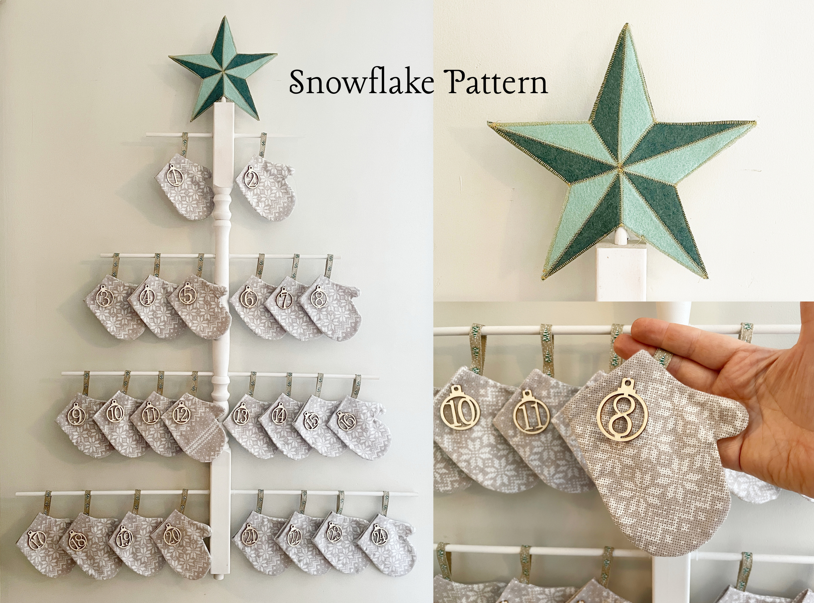 Handmade Mittens or Stockings Advent Calendar with Wooden Numbers and Wooden Spindle Tree for Display