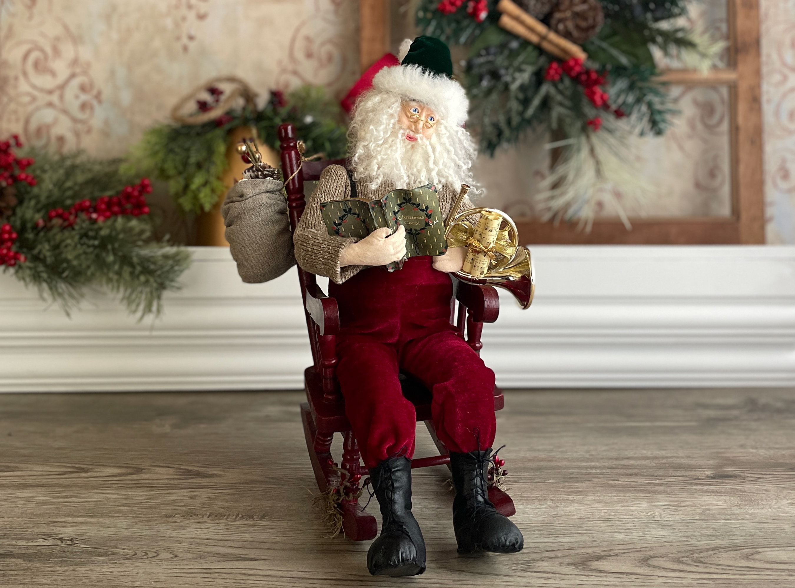 One of a Kind Handmade Santa Doll for Christmas Decor / Clay Head Santa Hand Carved / Father Christmas / Rocking Chair Santa and French Horn