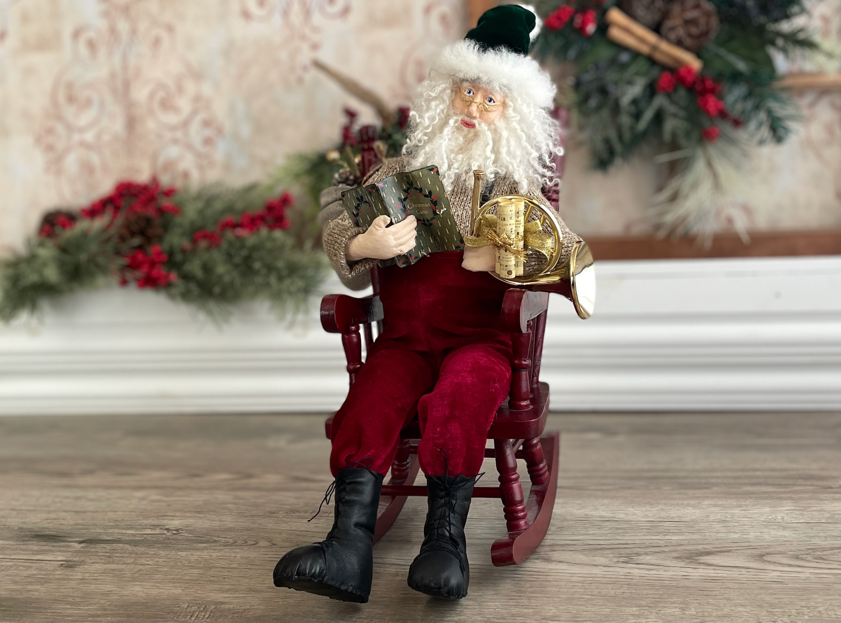 One of a Kind Handmade Santa Doll for Christmas Decor / Clay Head Santa Hand Carved / Father Christmas / Rocking Chair Santa and French Horn