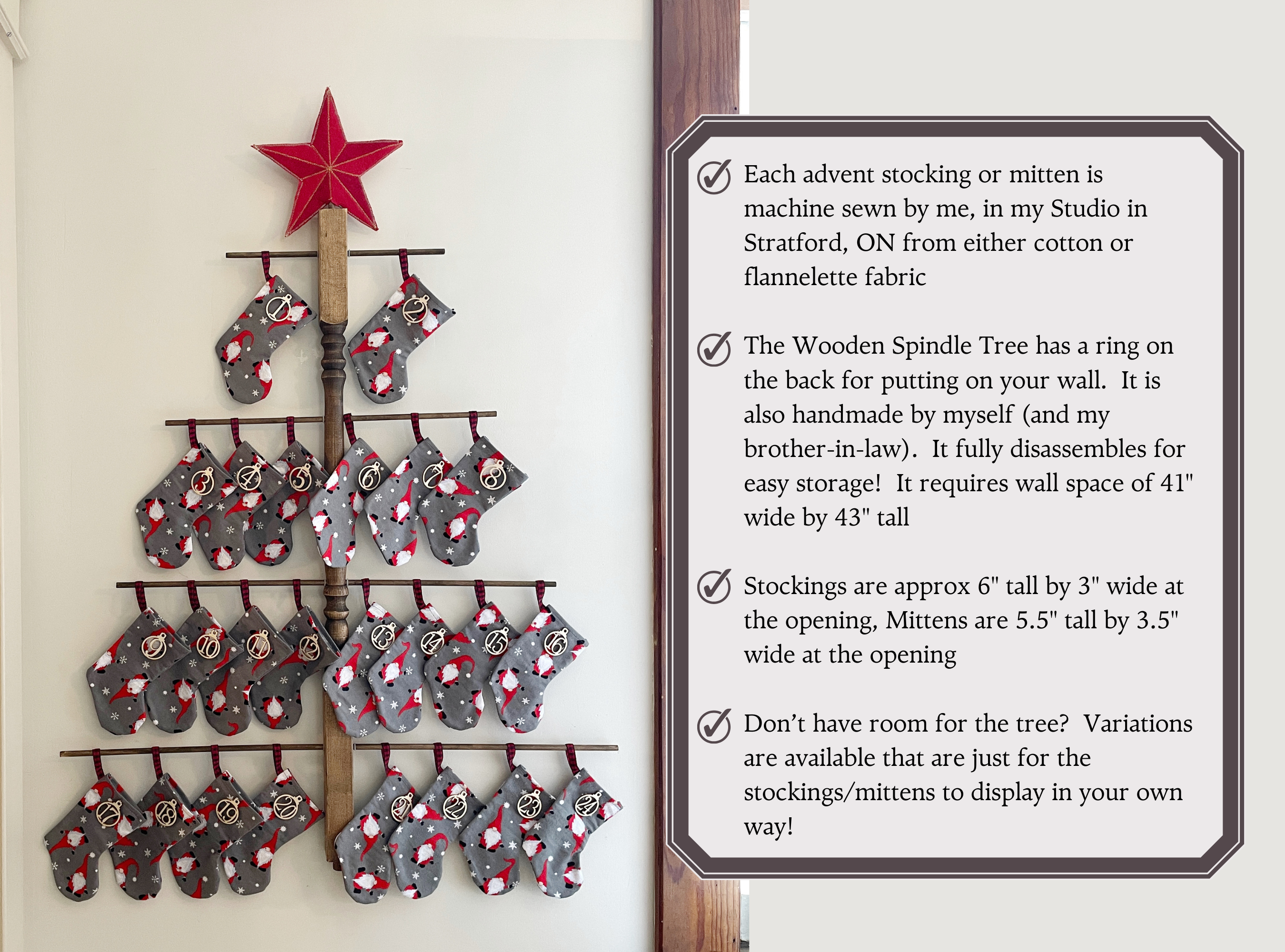 Handmade Mittens or Stockings Advent Calendar with Wooden Numbers and Wooden Spindle Tree for Display