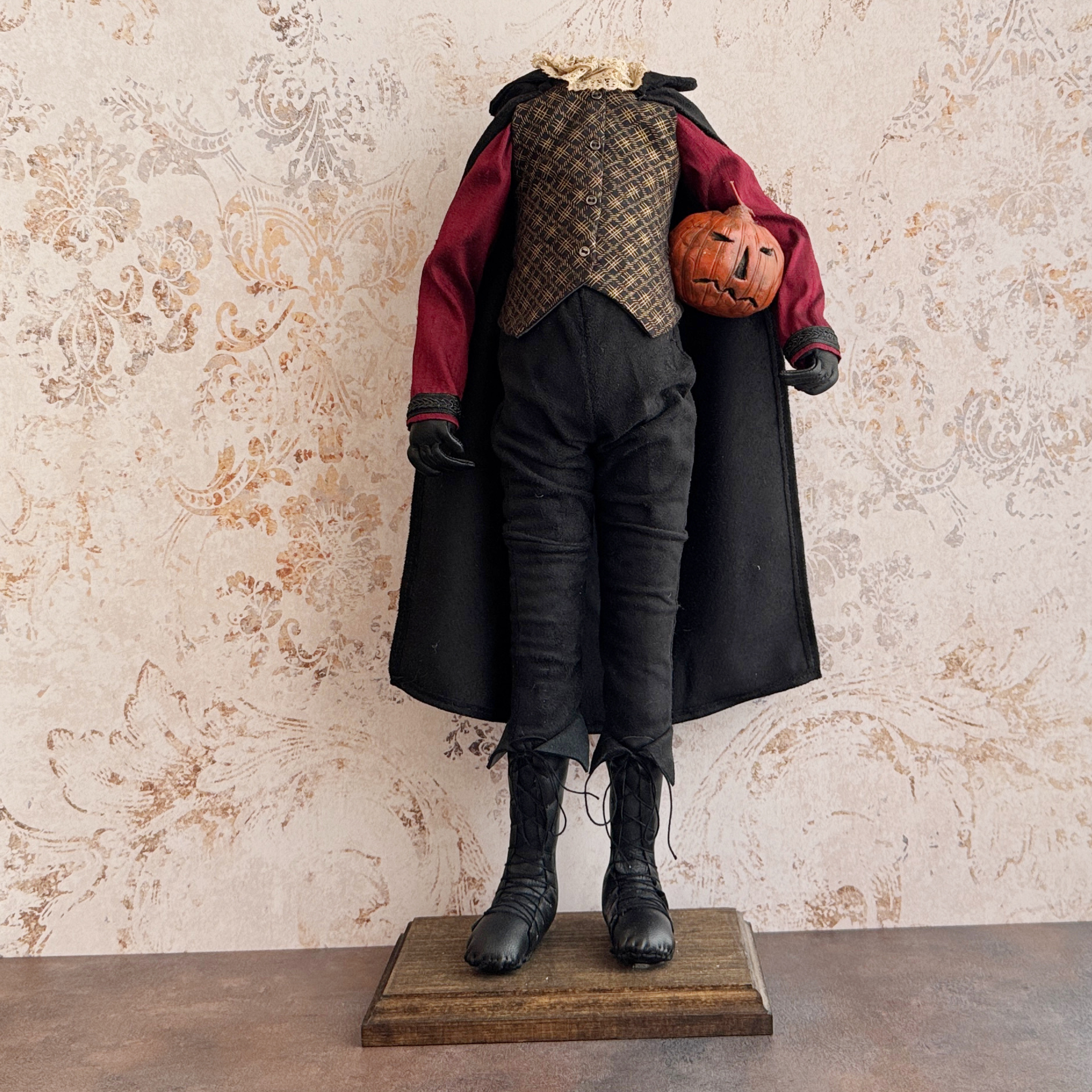 Handmade Headless Horseman Figure with Clay Pumpkin No. 004