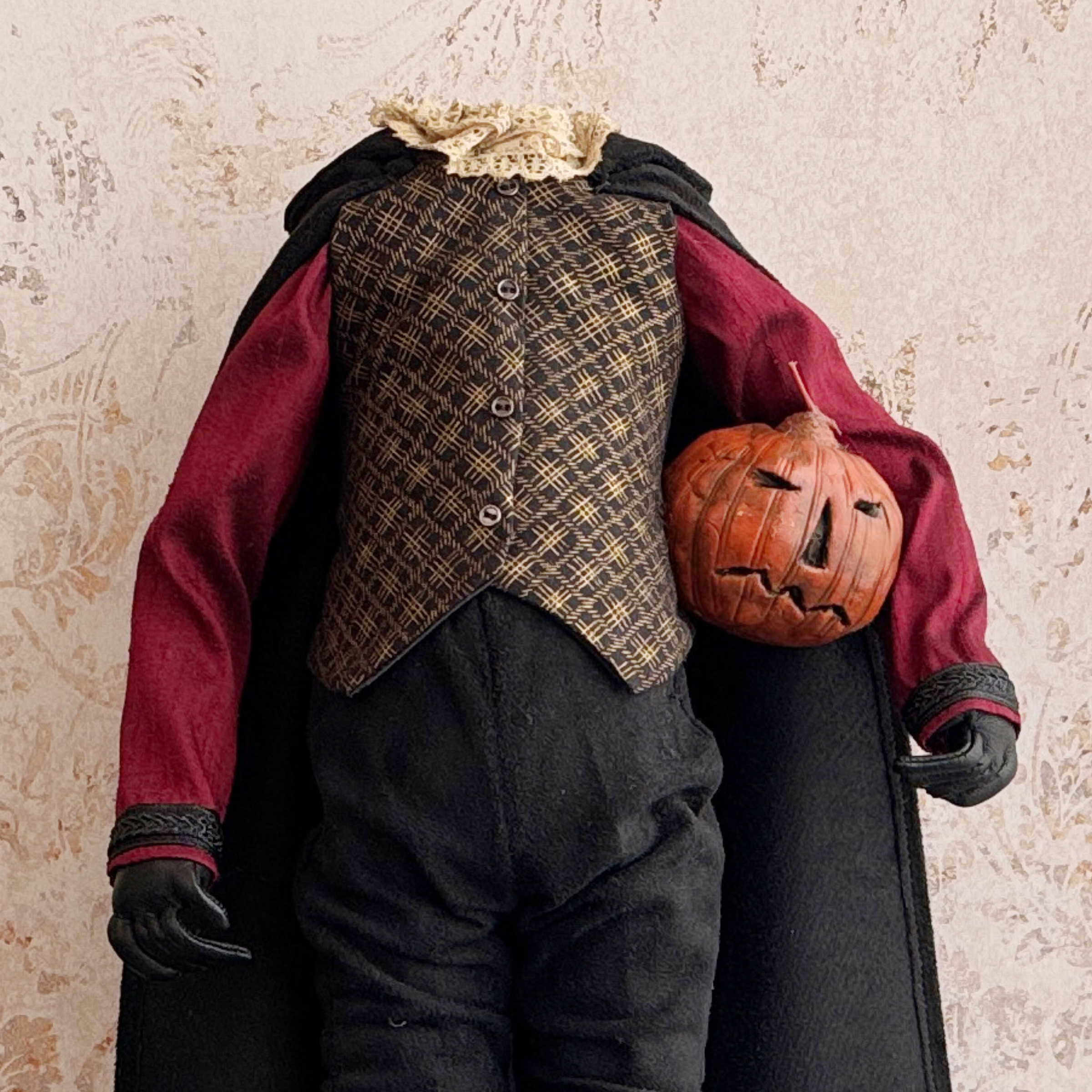 Handmade Headless Horseman Figure with Clay Pumpkin No. 004