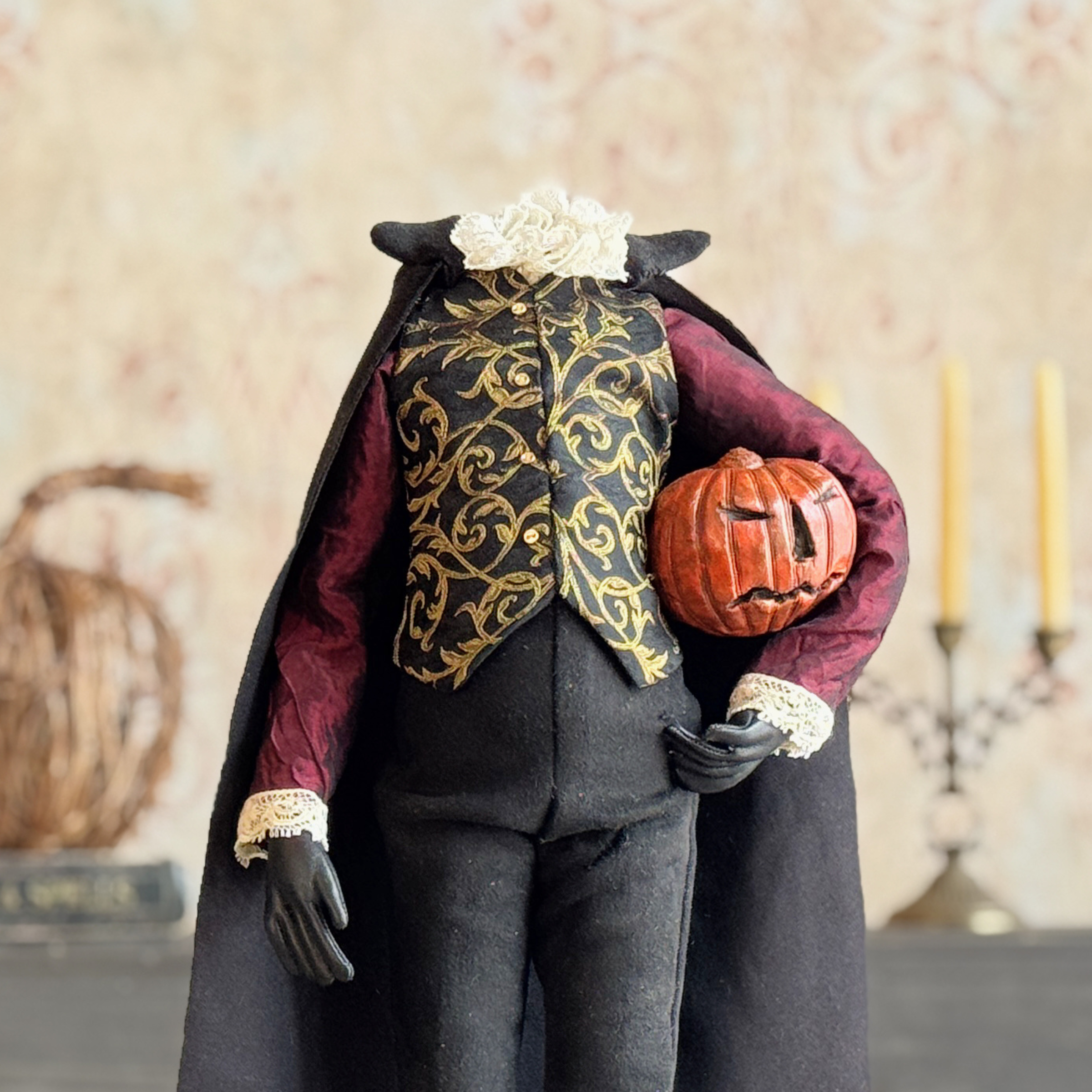 Handmade Headless Horseman Figure with Clay Pumpkin No.2