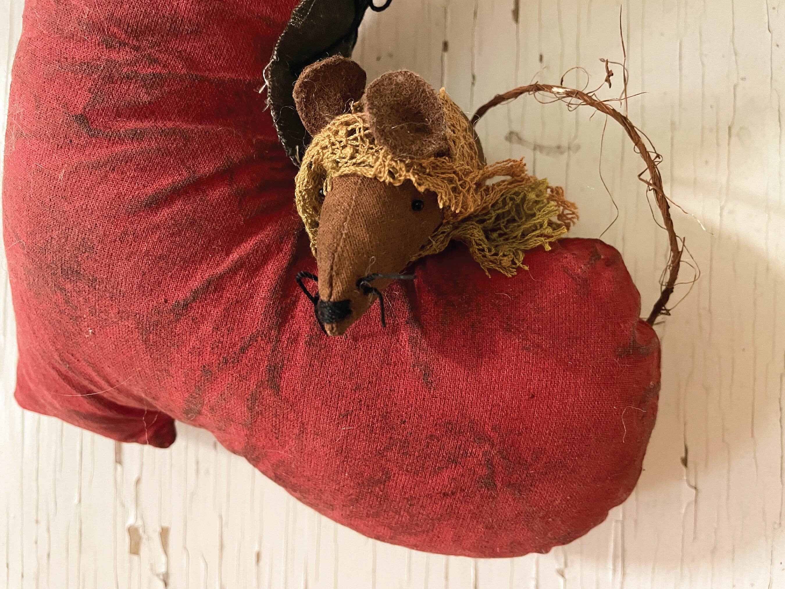 Handmade Santa Boot Wall or Door Hanger / Hand sewn Mice Christmas Decor / Rustic Cottagecore Decoration