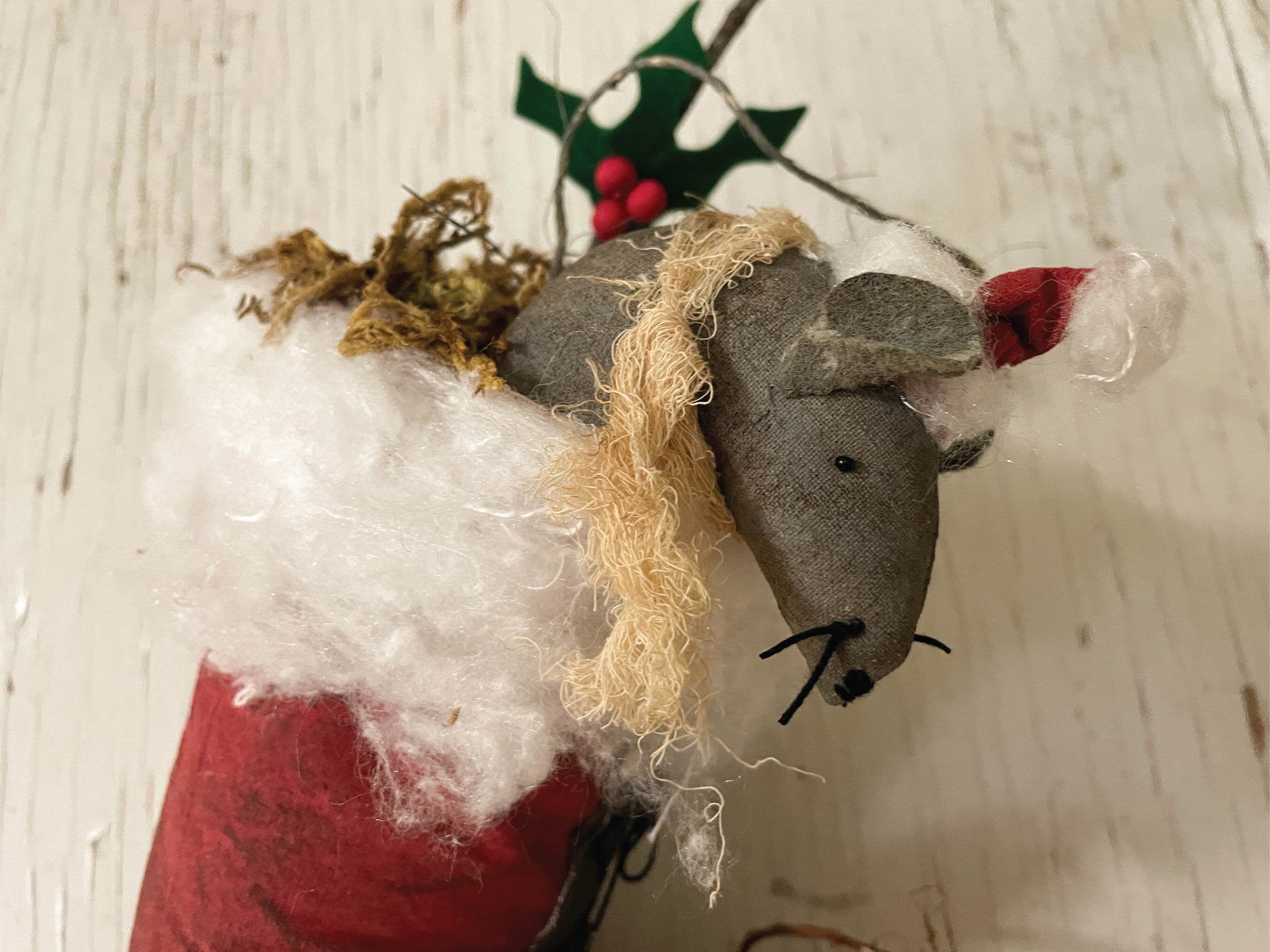 Handmade Santa Boot Wall or Door Hanger / Hand sewn Mice Christmas Decor / Rustic Cottagecore Decoration