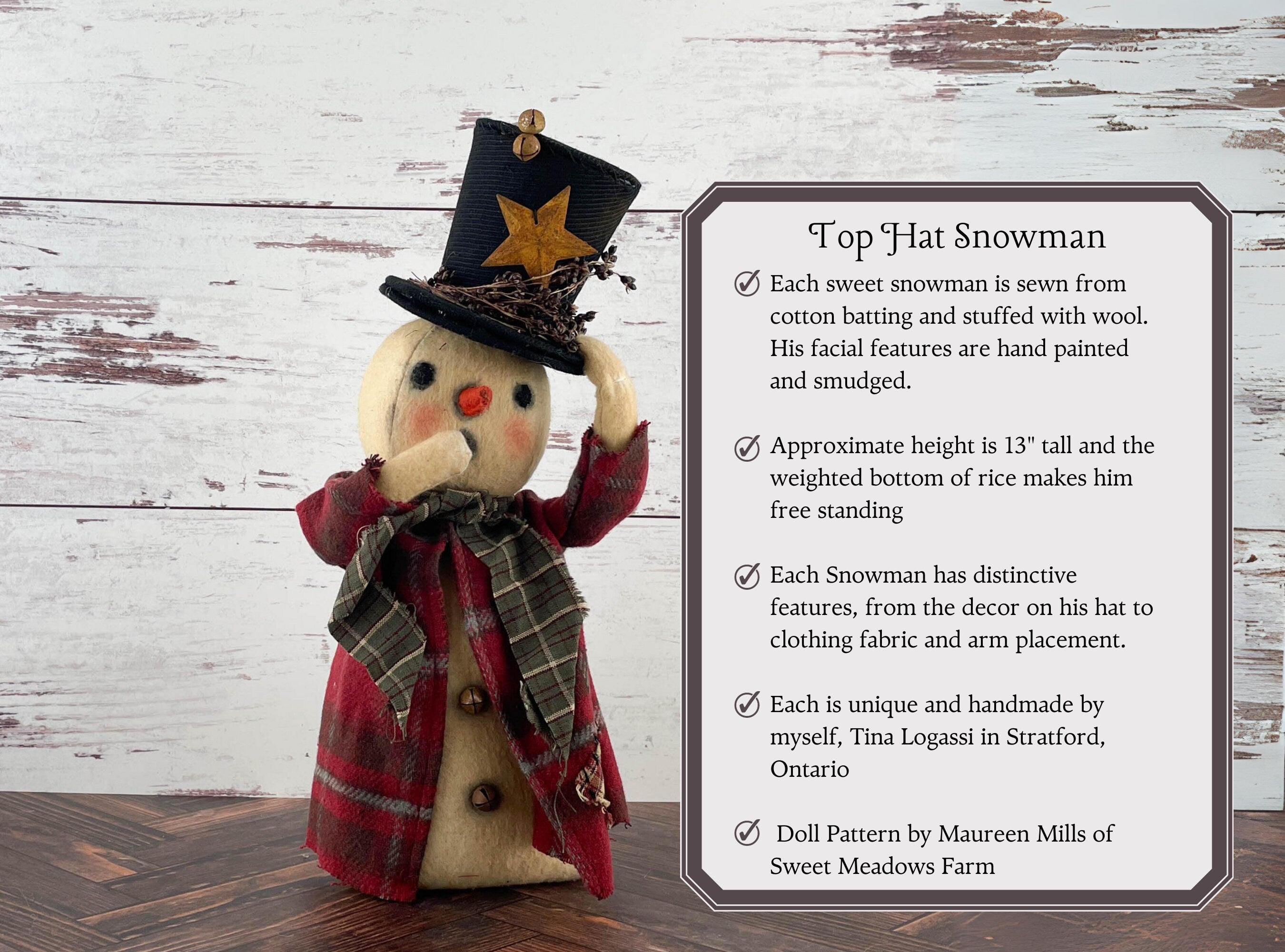 Handmade Rustic Snowman Doll Winter Home Decor / Christmas Folk Art OOAK Fabric Doll / One of a Kind Handmade Primitive Top Hat Snowman