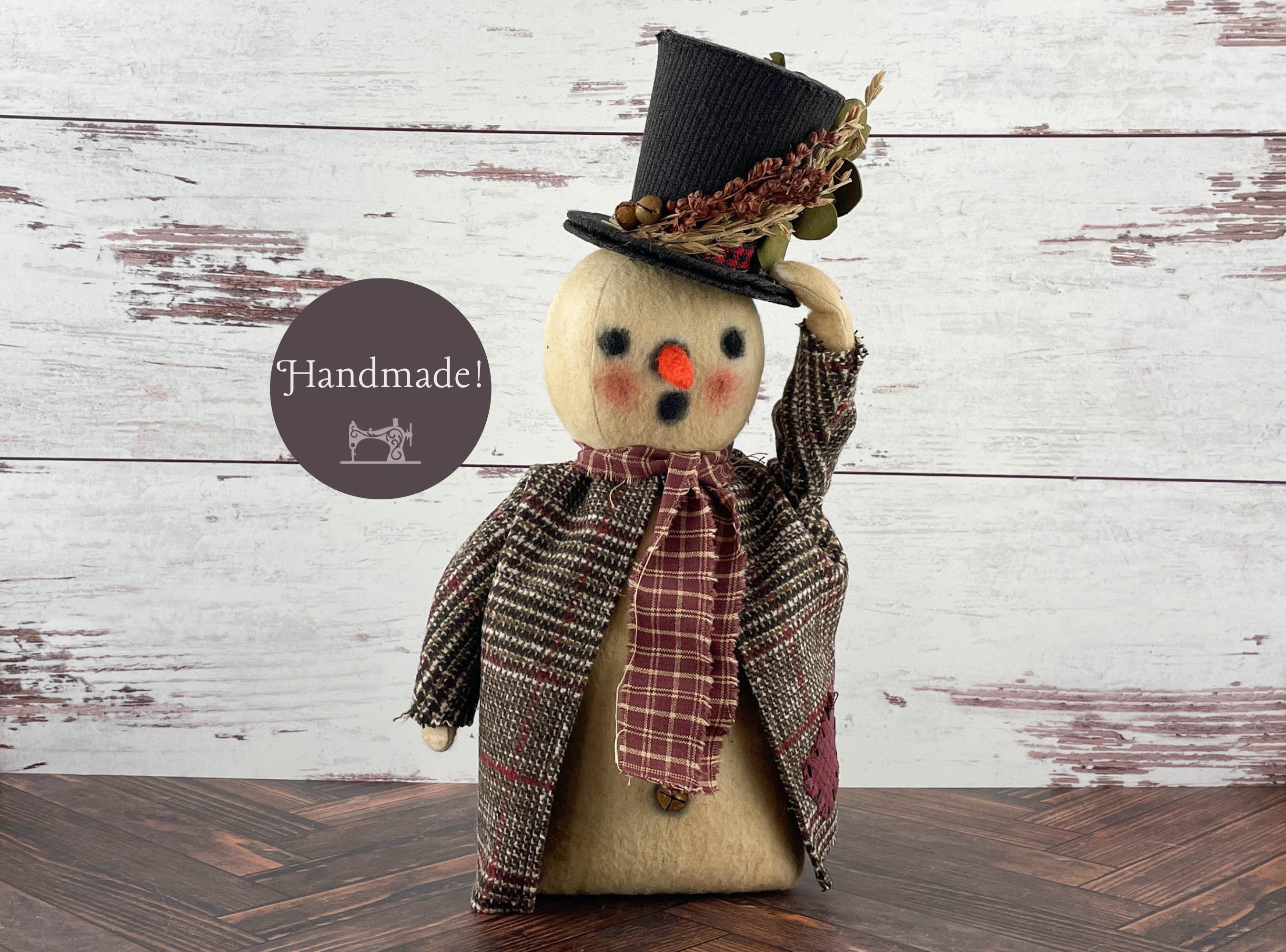 Handmade Rustic Snowman Doll Winter Home Decor / Christmas Folk Art OOAK Fabric Doll / One of a Kind Handmade Primitive Top Hat Snowman
