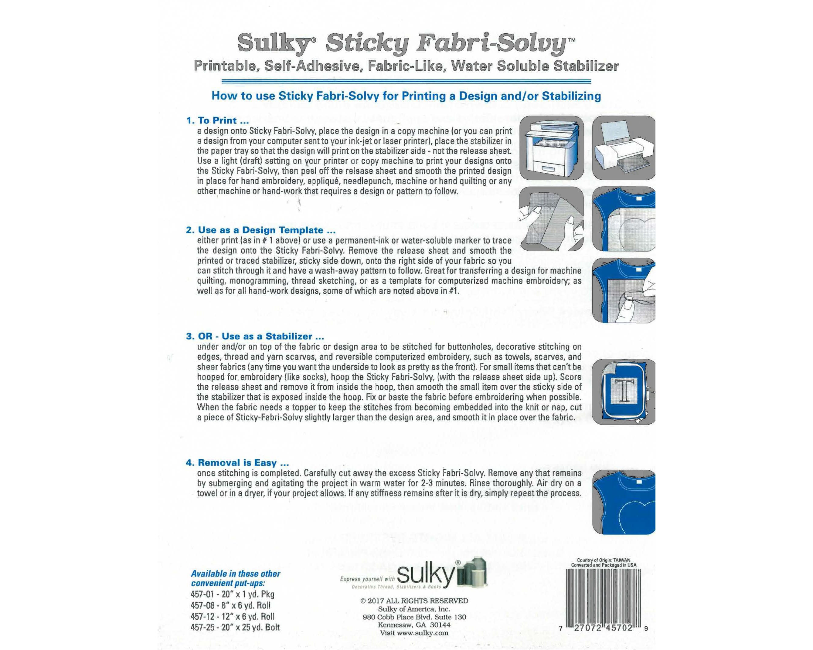 Printable Sticky Fabri-Solvy (Sulky Brand)