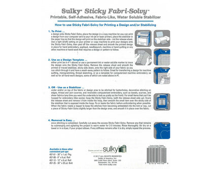 Printable Sticky Fabri-Solvy (Sulky Brand)