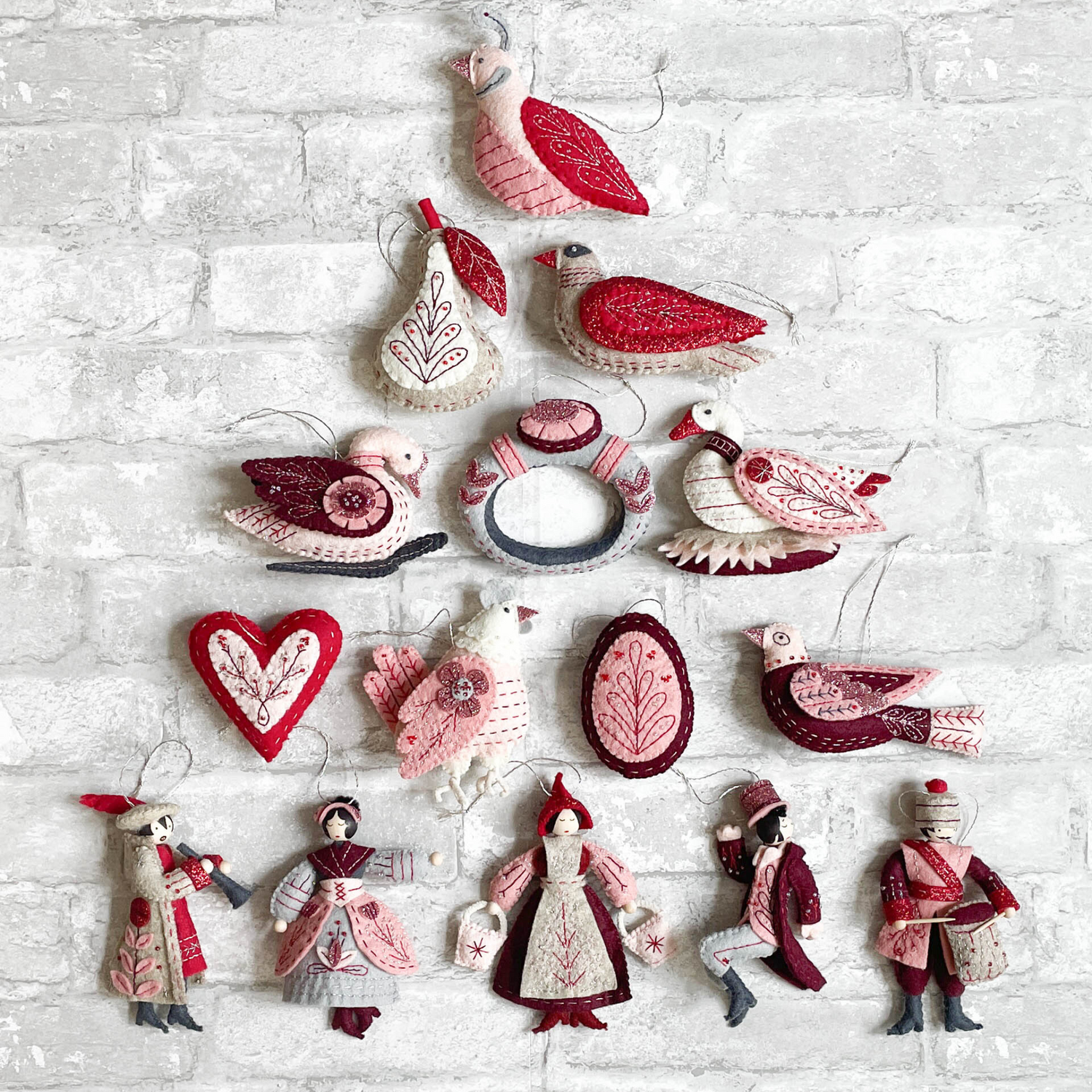 Phot of the Twelve Days of Christmas Ornaments in the Winter Cardinals Premium Felt Palette