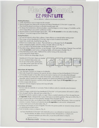 HeatnBond EZ Print Lite Fusible Adhesive Sheets |8.5" x 11" | Inkjet Printable | 10-Sheet Pack