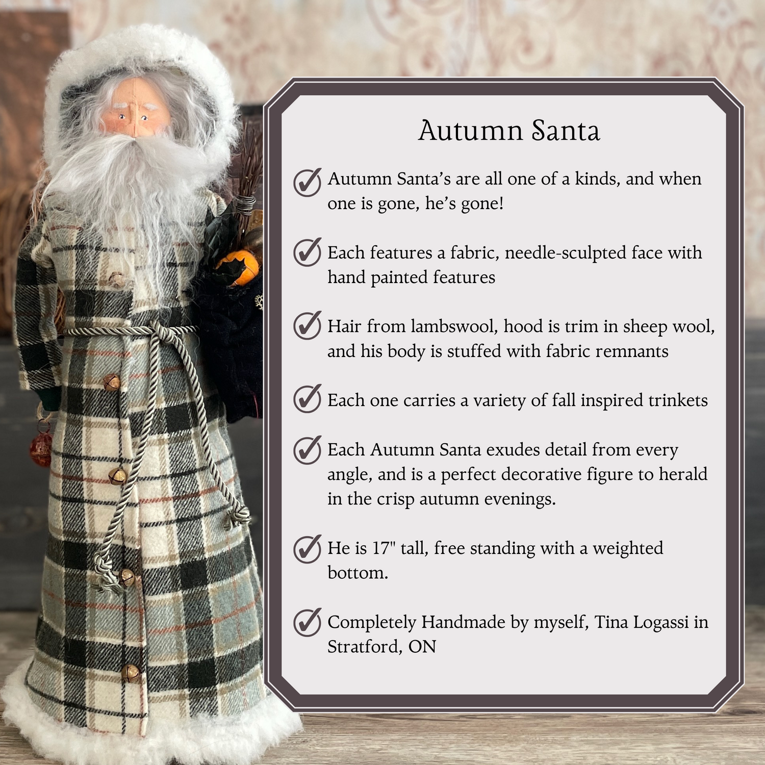 One of a Kind Handmade Autumn Inspired Santa Figure