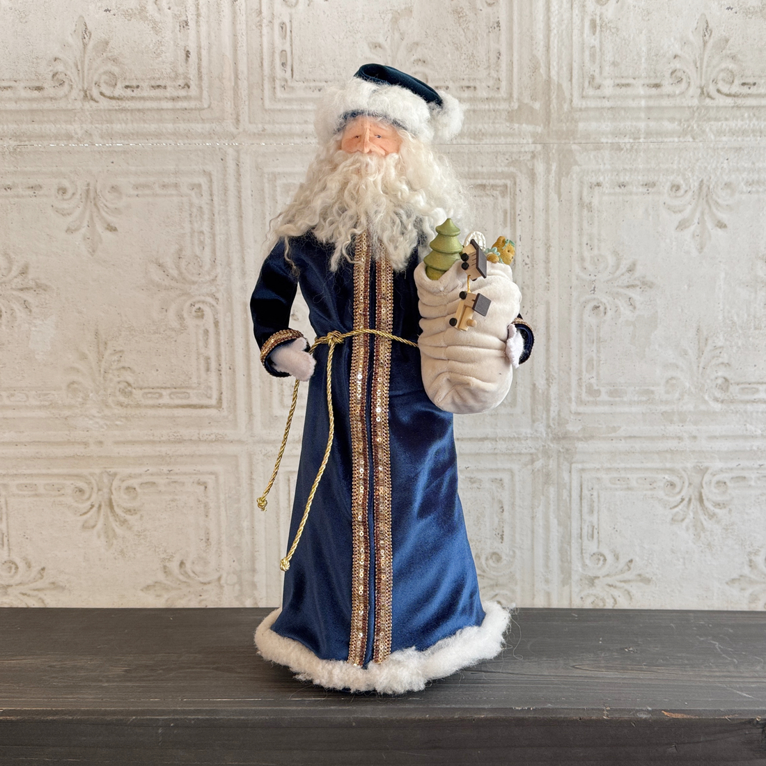 Handmade Vintage Inspired Santa Decorative Figure with Blue Velvet Robe