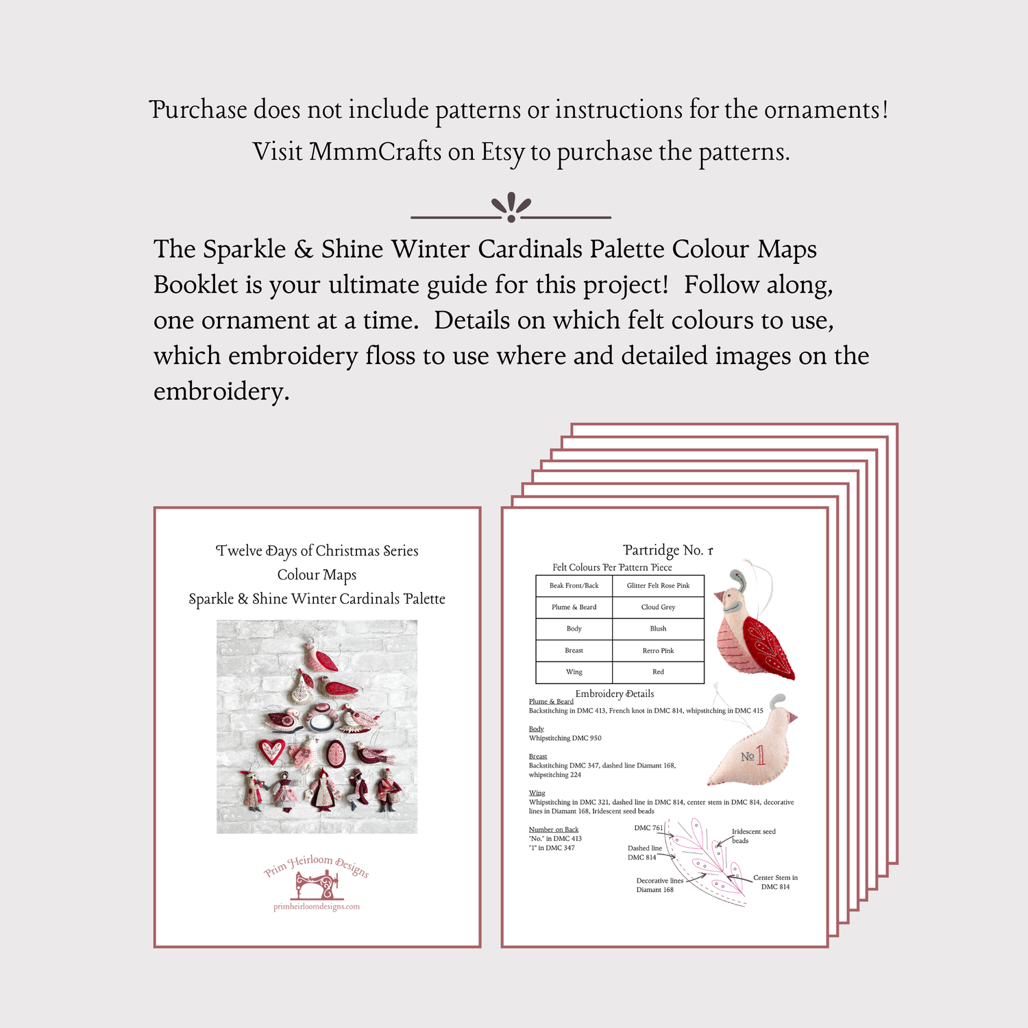 Printed Colour Guide for Sparkle and Shine Winter Cardinals Palette for Twelve Days of Christmas Ornament Series by MmmCrafts