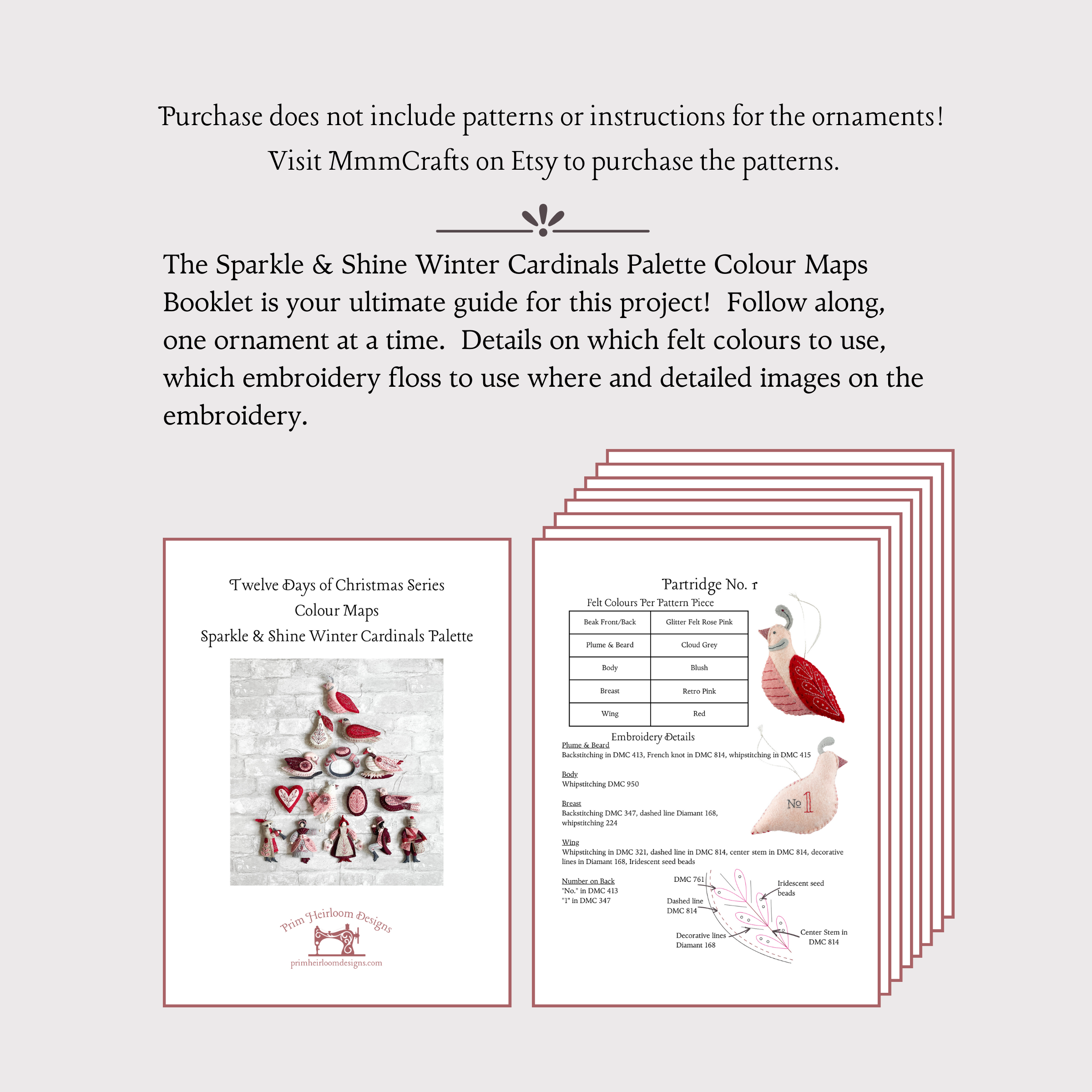 Printed Colour Guide for Sparkle and Shine Winter Cardinals Palette for Twelve Days of Christmas Ornament Series by MmmCrafts