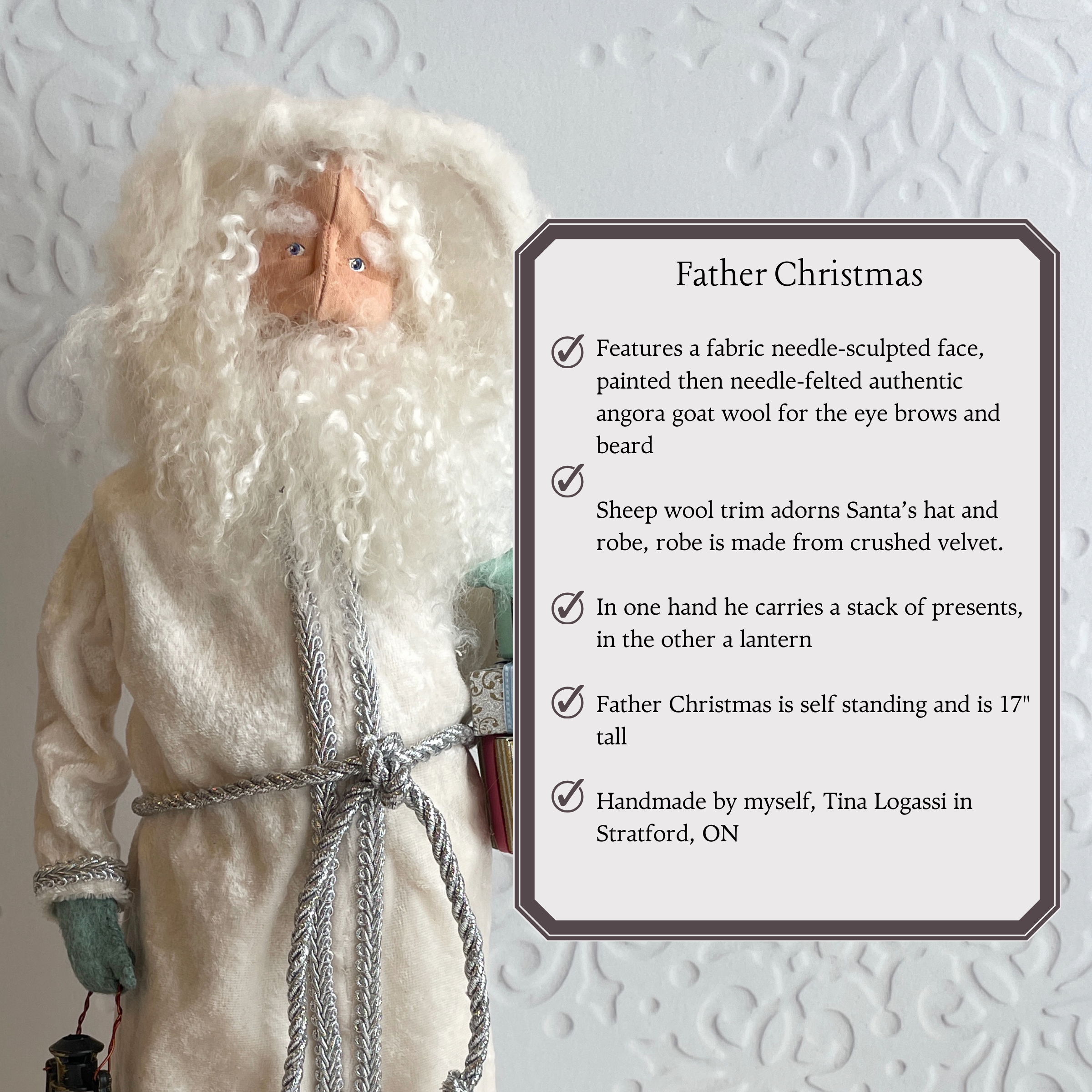 Handmade Vintage Inspired Santa Decorative Figure with White Robe