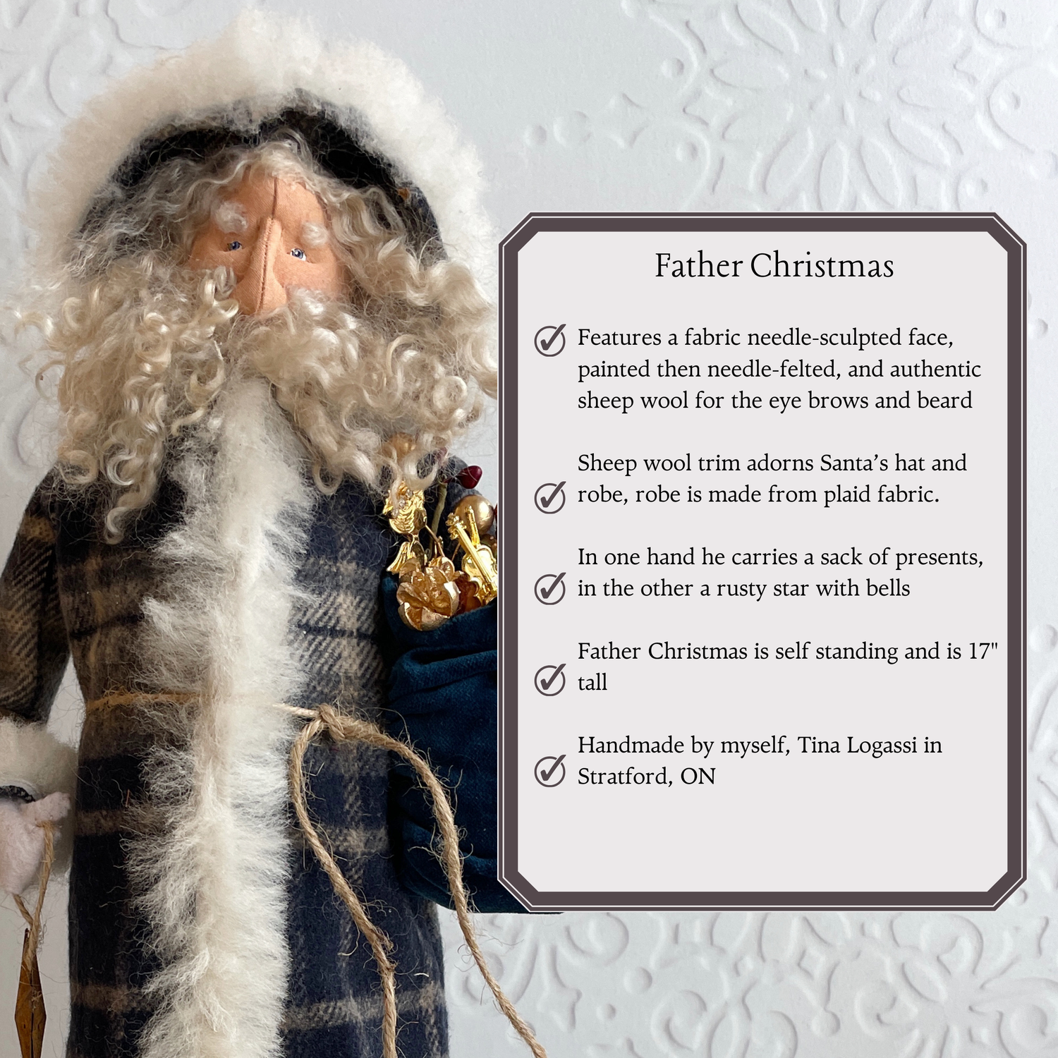 Handmade Vintage Inspired Santa Decorative Figure with Plaid Robe