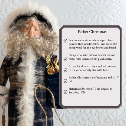 Handmade Vintage Inspired Santa Decorative Figure with Plaid Robe