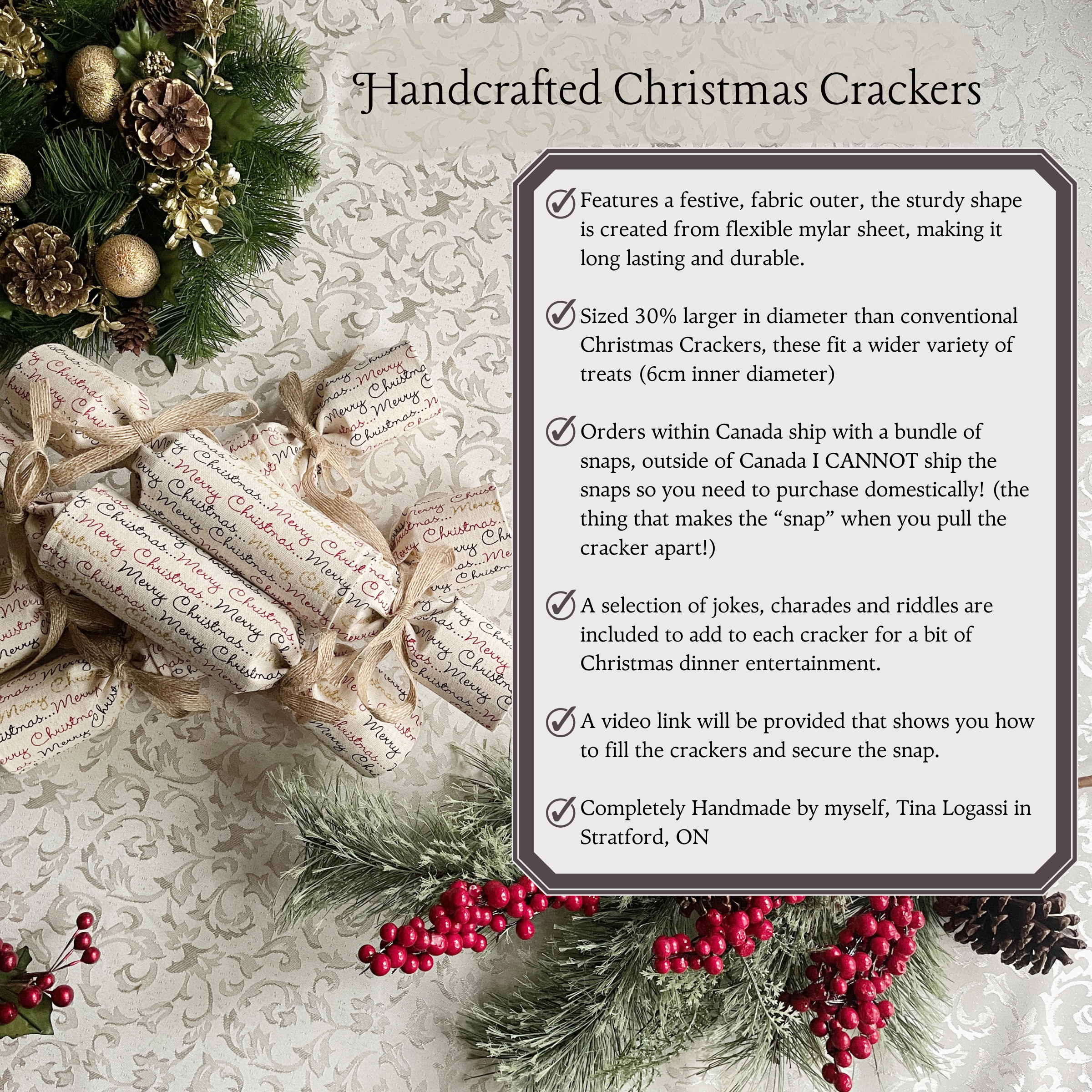 Handmade Christmas Crackers / British Christmas Tradition / Re-usable Fabric Christmas Crackers that Snap