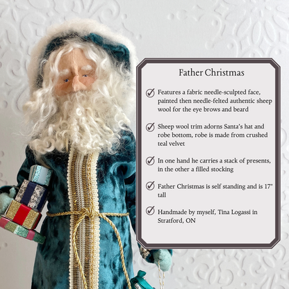 Handmade Vintage Inspired Santa Decorative Figure with Teal Robe