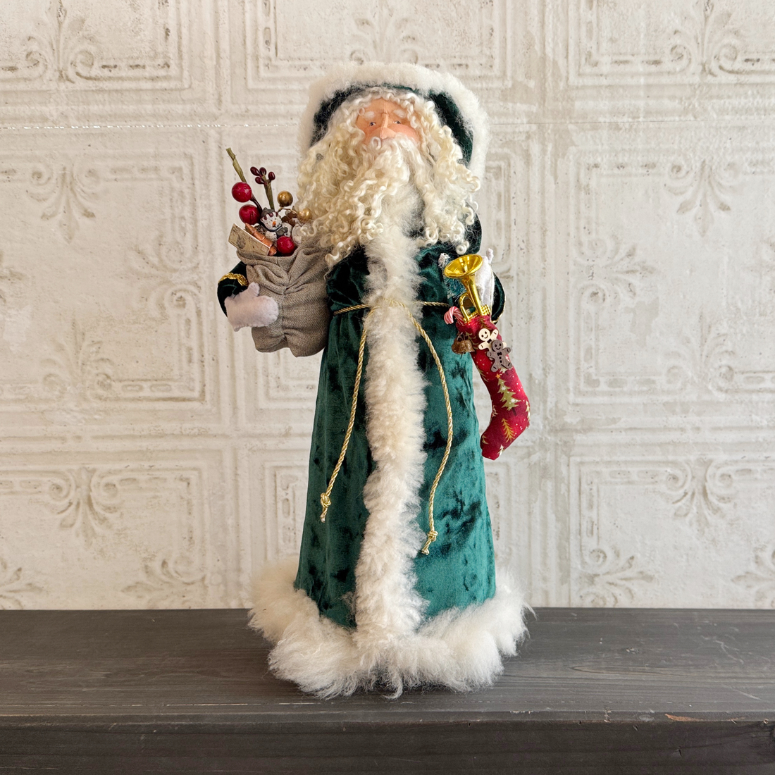 Handmade Vintage Inspired Santa Decorative Figure with Crushed Green Velvet Robe
