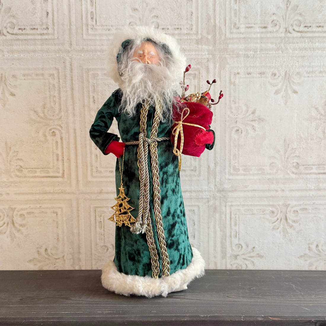 Handmade Vintage Inspired Santa Decorative Figure with Green Velvet Robe