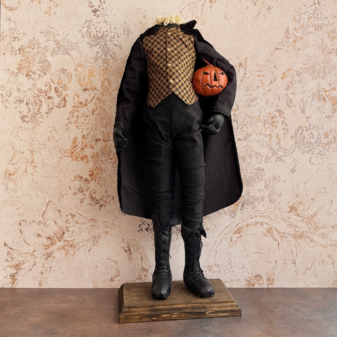 Handmade Headless Horseman Figure with Clay Pumpkin No. 002