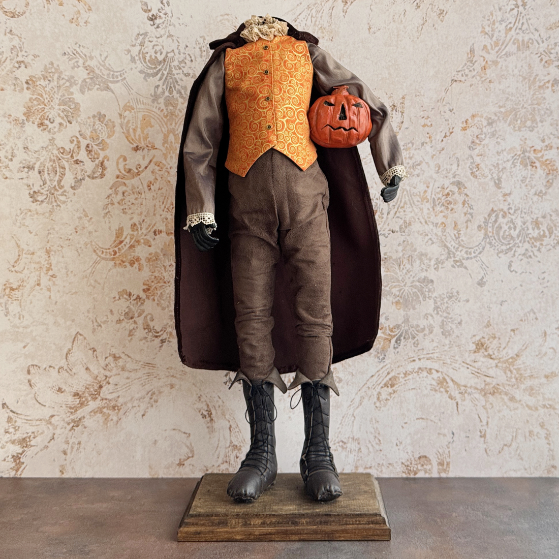 Handmade Headless Horseman Figure with Clay Pumpkin No.001