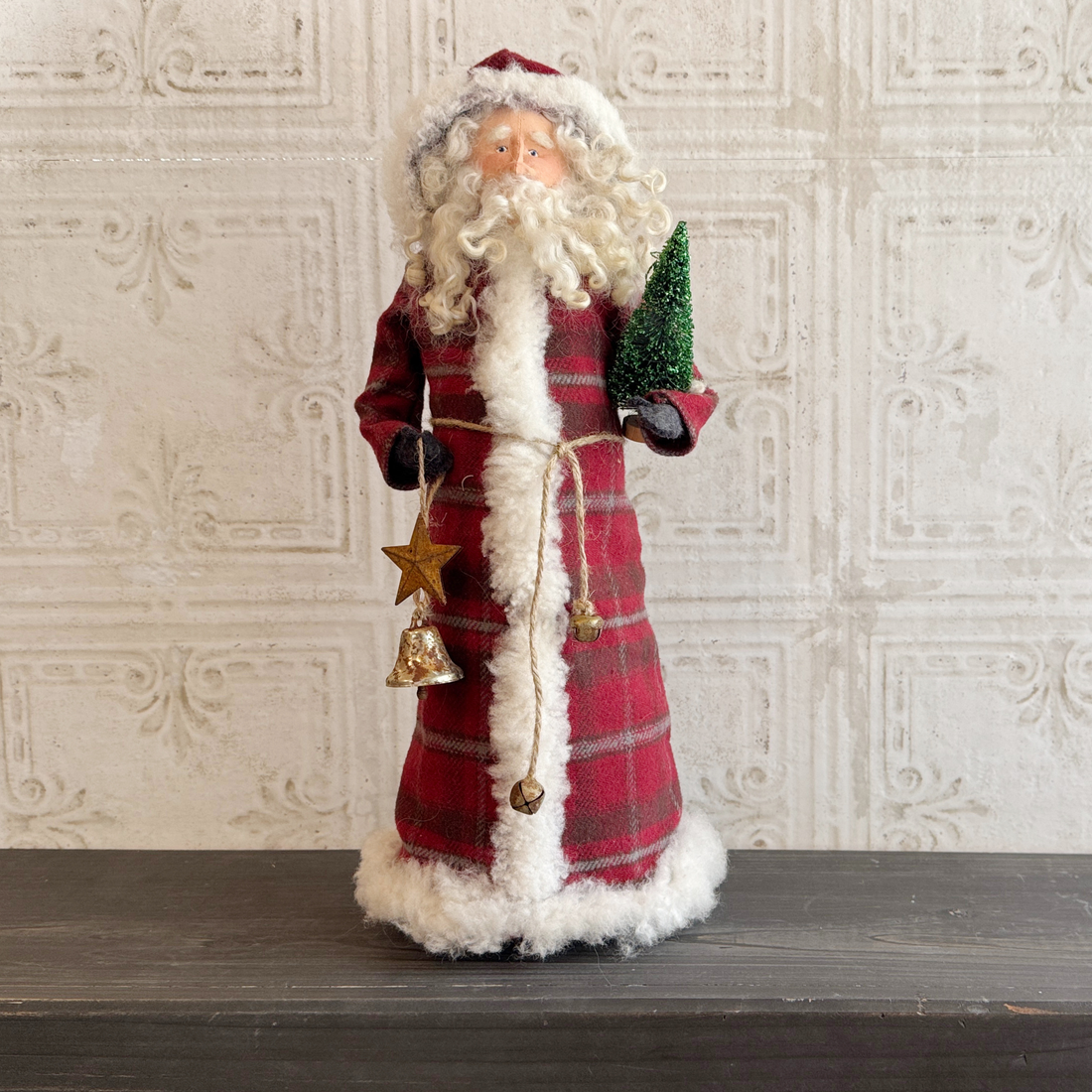 Handmade Vintage Inspired Santa Decorative Figure with Red Plaid Robe