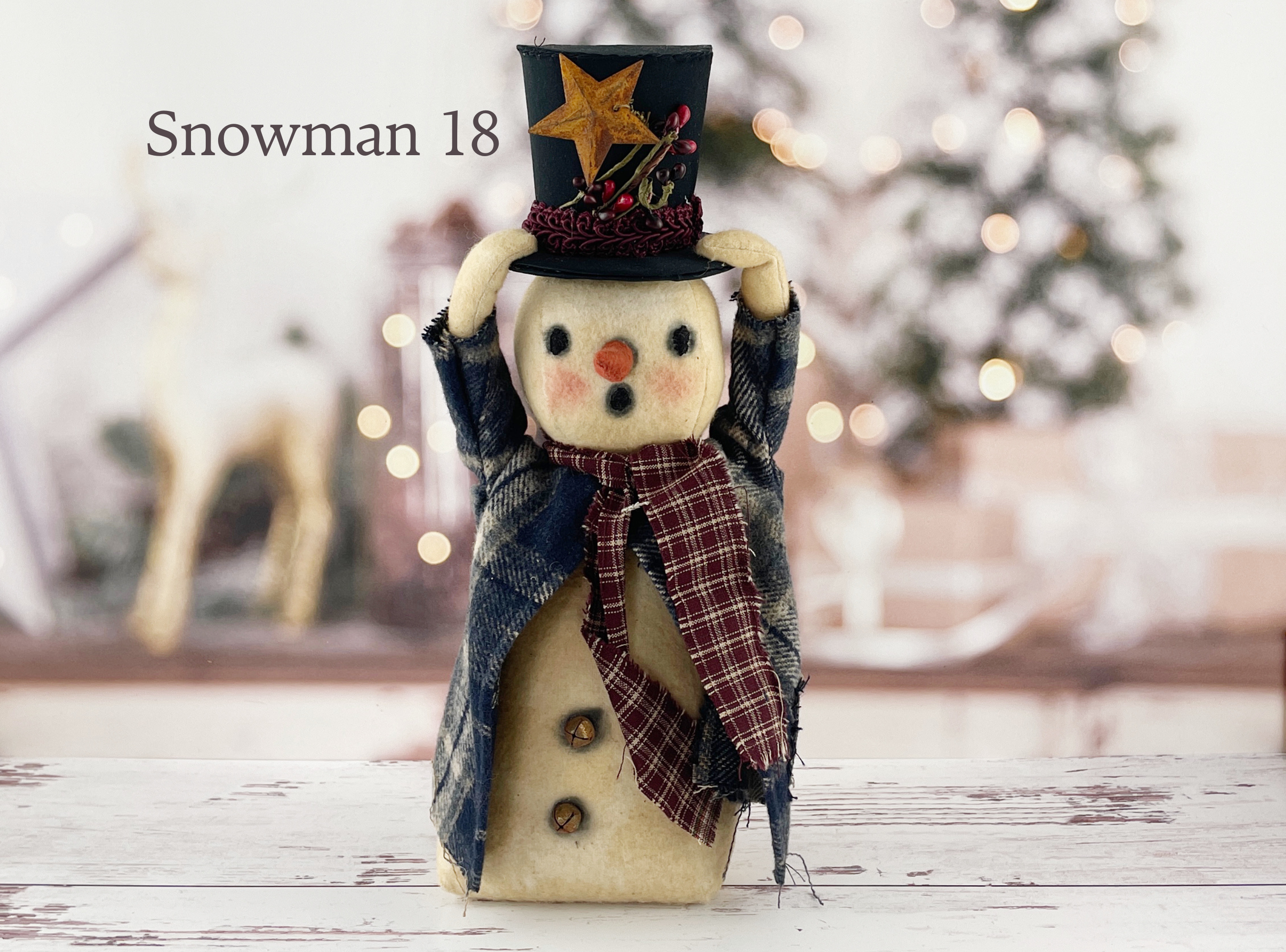 Handmade Rustic Snowman Doll Winter Home Decor / Christmas Folk Art OOAK Fabric Doll / One of a Kind Handmade Primitive Top Hat Snowman