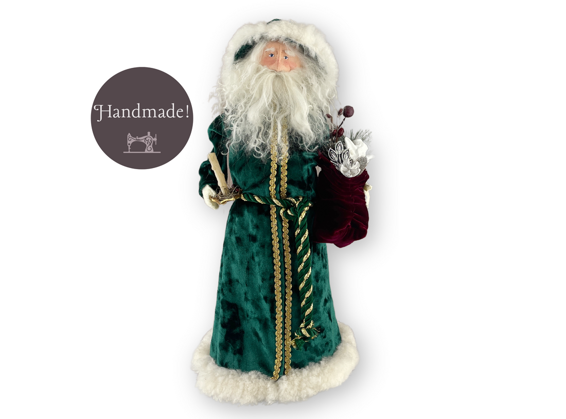 Handmade Santa Decorative Doll with Green Robe/ Vintage Inspired One of a Kind Father Christmas Figure