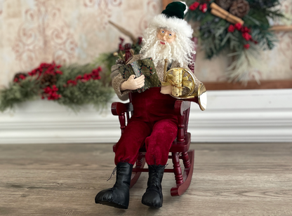 One of a Kind Handmade Santa Doll for Christmas Decor / Clay Head Santa Hand Carved / Father Christmas / Rocking Chair Santa and French Horn