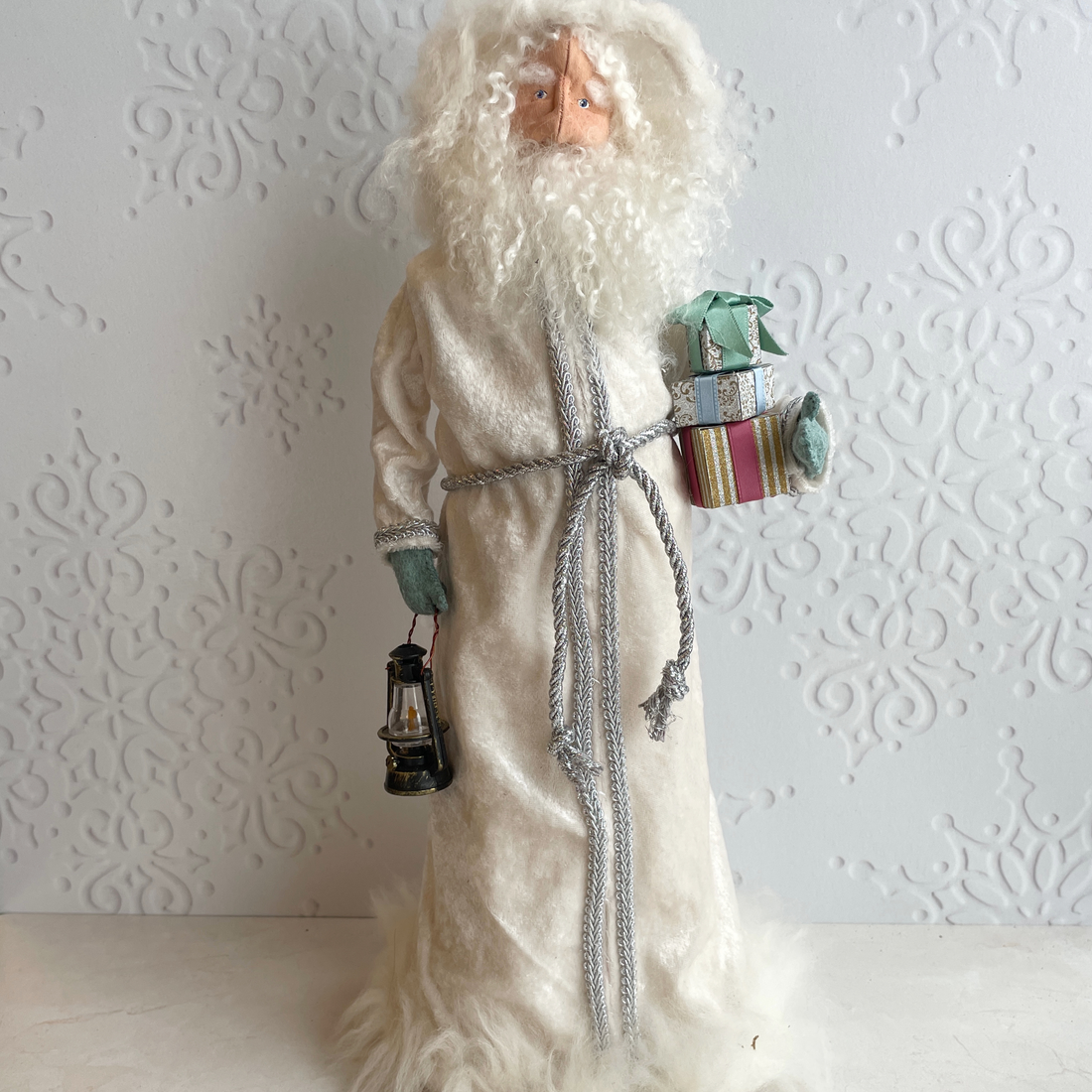 Handmade Vintage Inspired Santa Decorative Figure with White Robe