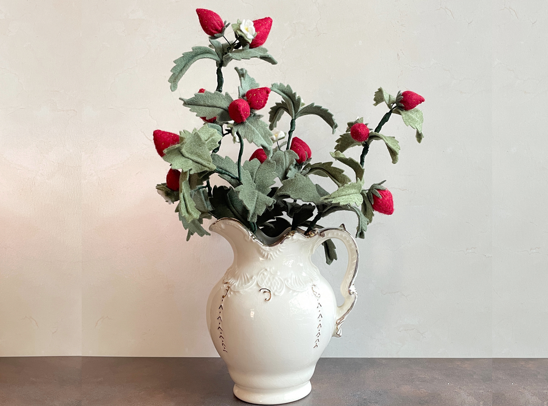 Handmade Strawberries and Blossoms in a Vintage Pitcher