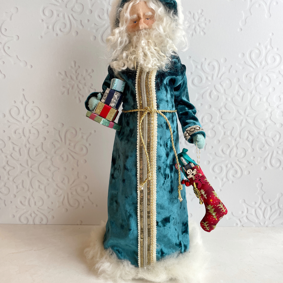 Handmade Vintage Inspired Santa Decorative Figure with Teal Robe