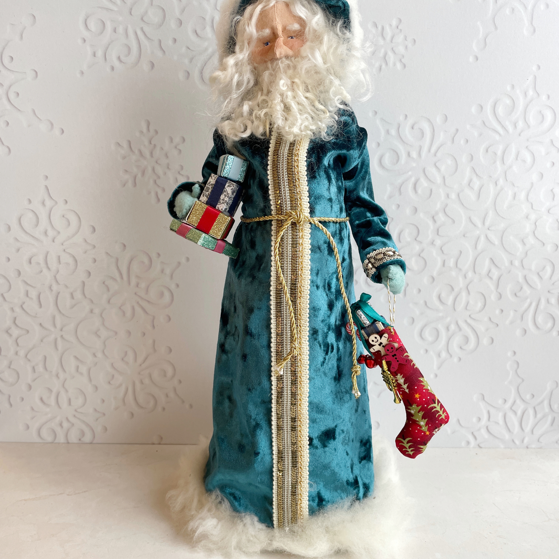 Handmade Vintage Inspired Santa Decorative Figure with Teal Robe