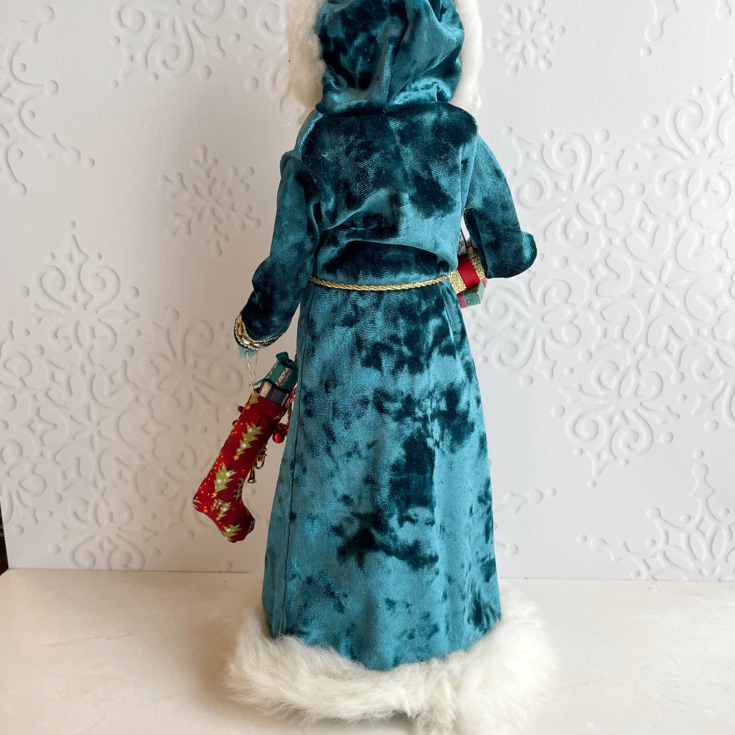 Handmade Vintage Inspired Santa Decorative Figure with Teal Robe