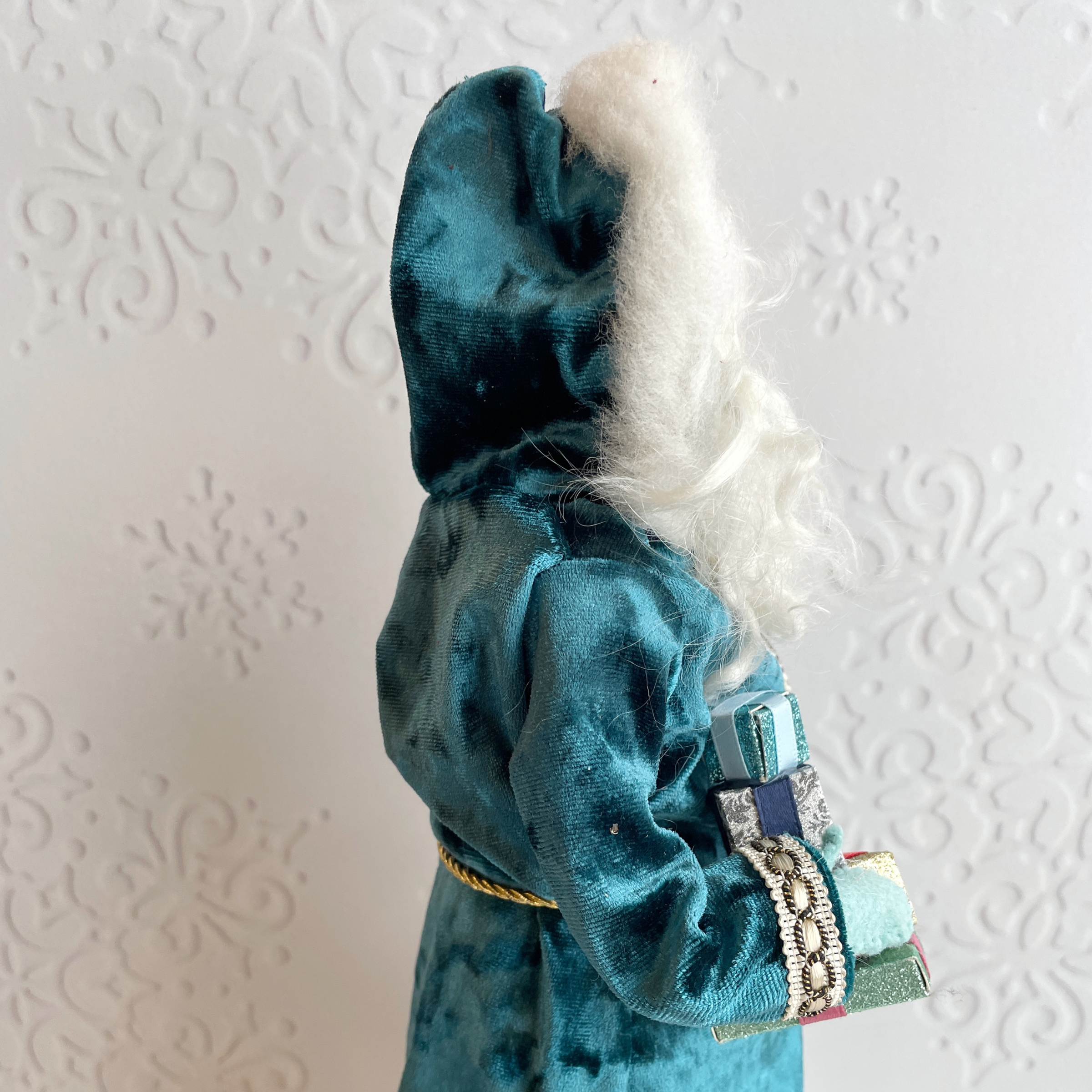 Handmade Vintage Inspired Santa Decorative Figure with Teal Robe