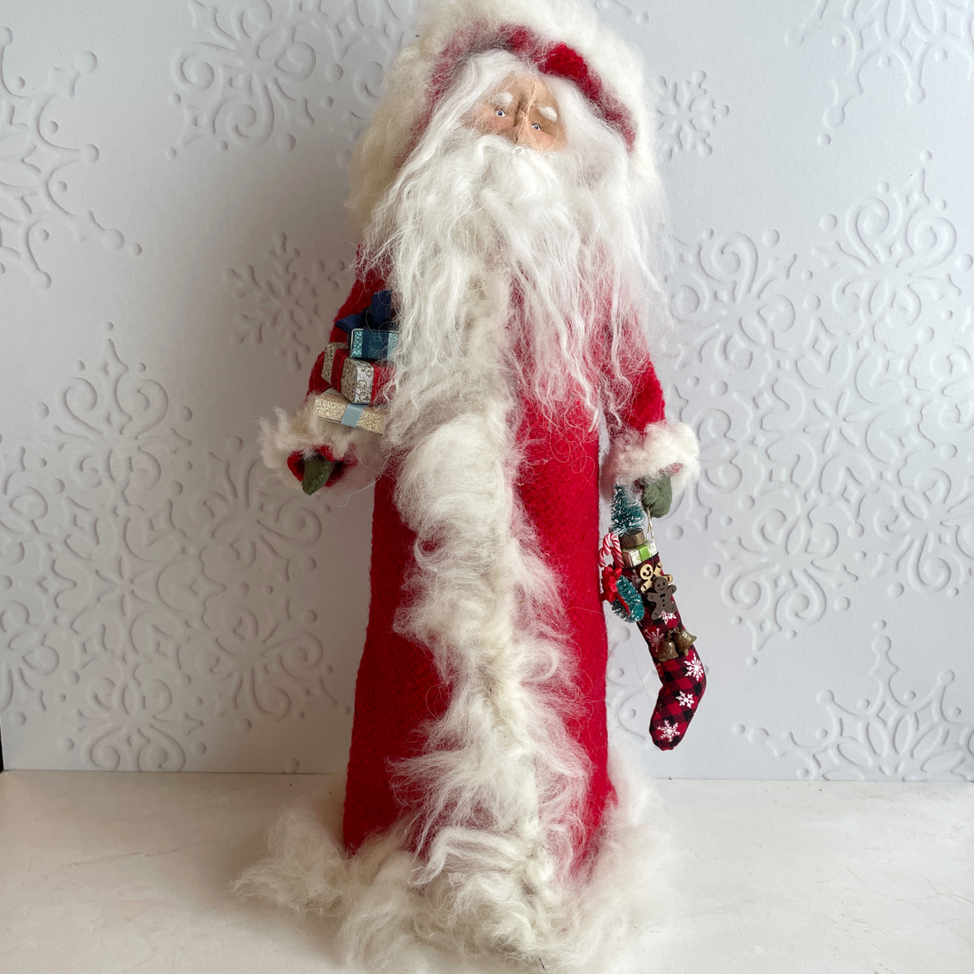 Handmade Vintage Inspired Santa Decorative Figure with Red Robe