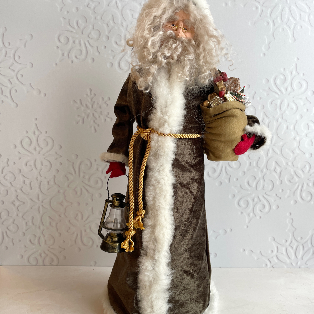Handmade Vintage Inspired Santa Decorative Figure with Olive Robe