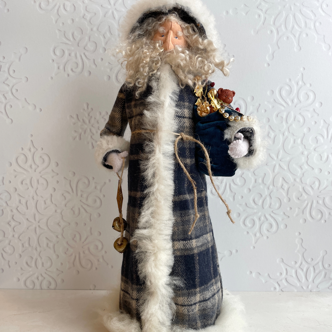Handmade Vintage Inspired Santa Decorative Figure with Plaid Robe