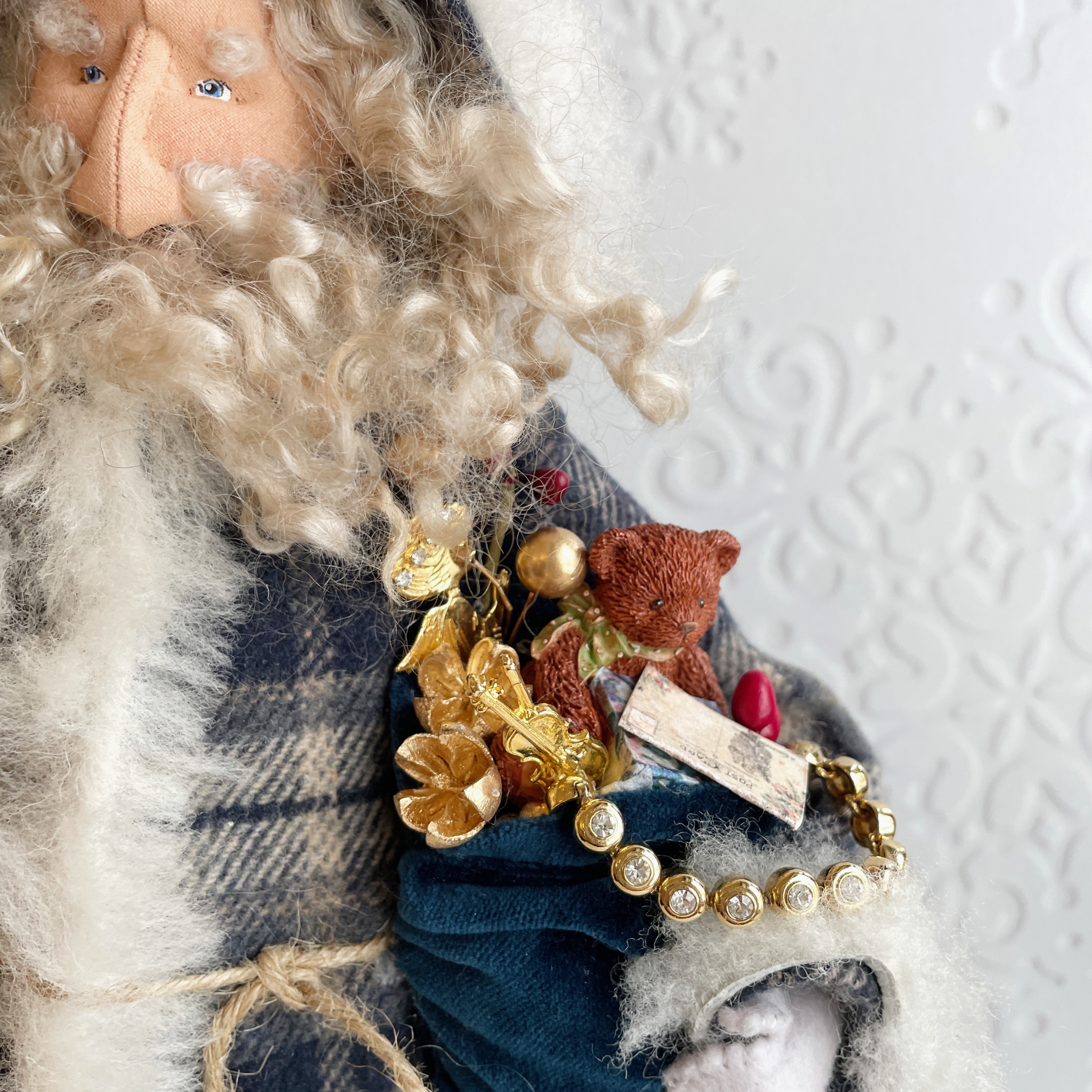 Handmade Vintage Inspired Santa Decorative Figure with Plaid Robe