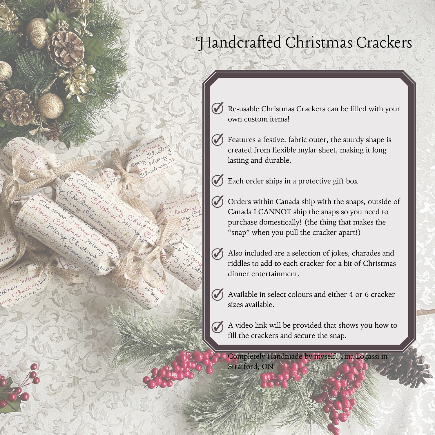 Handmade Christmas Crackers / British Christmas Tradition / Re-usable Fabric Christmas Crackers that Snap