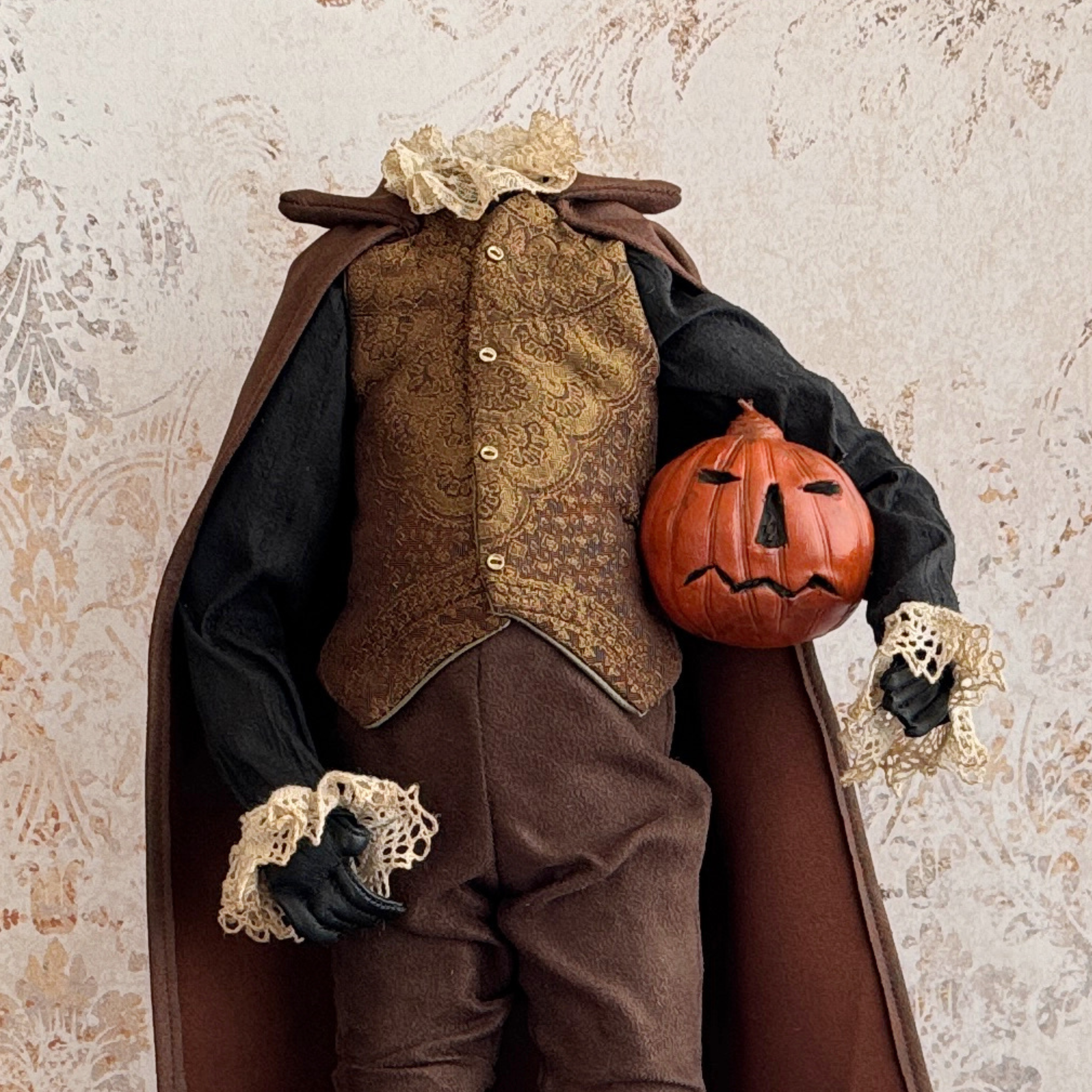 Handmade Headless Horseman Figure with Clay Pumpkin No.003