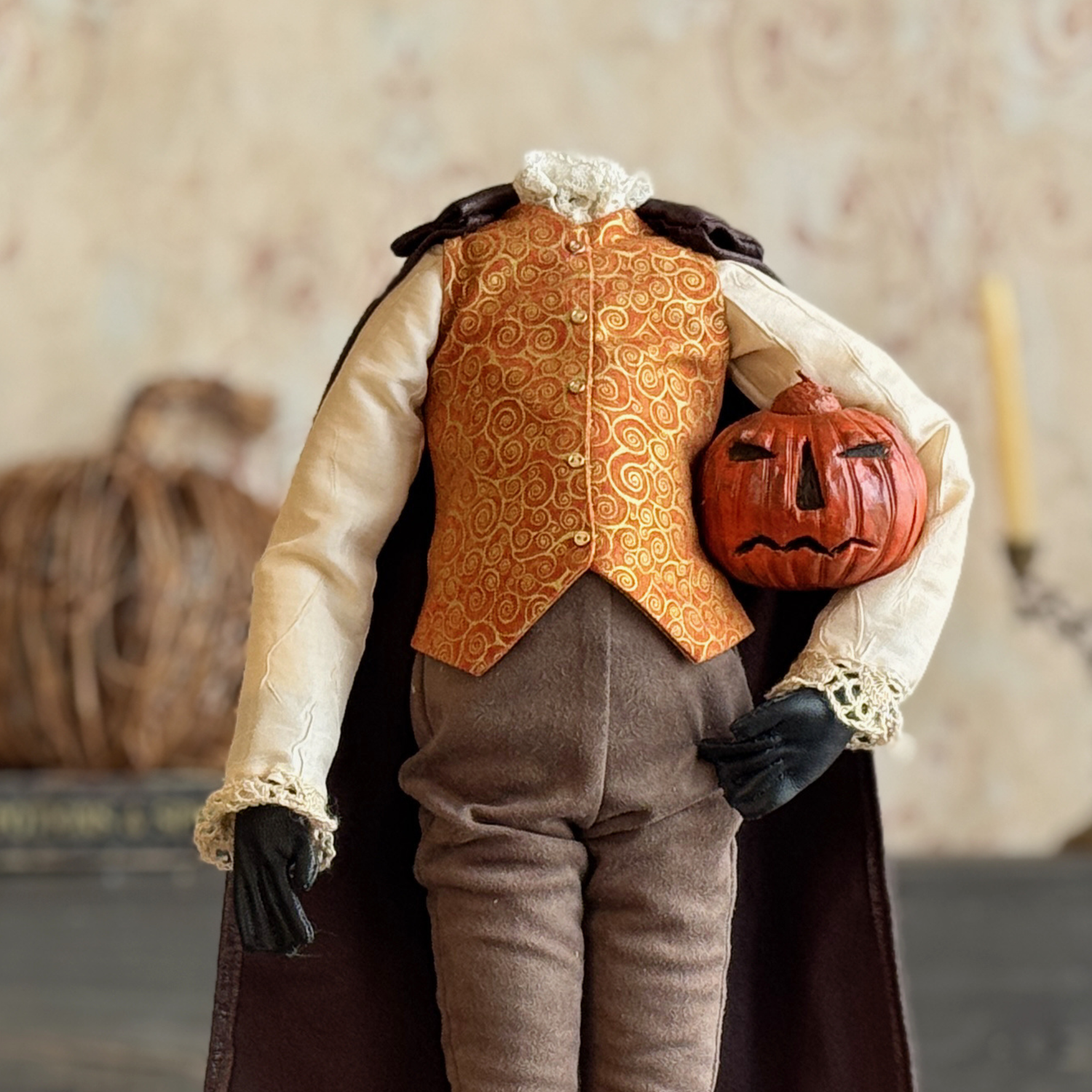 Handmade Headless Horseman Figure with Clay Pumpkin No.5